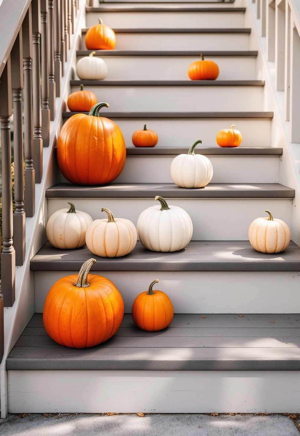 Tiered Pumpkin Display Using Three Sizes, Two Colors, and Mixed Textures – seasonal — spring + other seasonal — spring + other decor · Halloween Porch Decor: 16 Dramatic Outdoor Designs That Wow the Whole Street