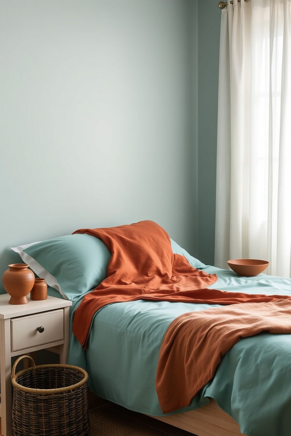 Rust-Washed Linen Throw Asymmetrically Folded Over Aqua Percale With Clay Ceramic Accents – coastal — bedroom coastal — bedroom decor · Aesthetic Coastal Bedroom: 15 Pinterest-Perfect Designs That Stop the Scroll