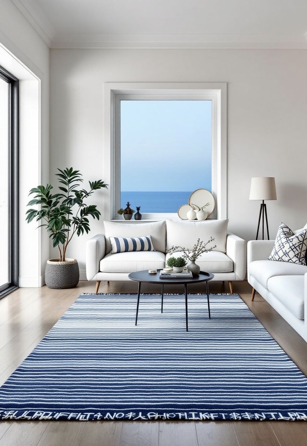 Bold Indigo Flatweave, White Room, One Rug Doing All the Work – coastal — living room coastal — living room decor · Coastal Living Room Ideas: 20 Beautiful Designs That Bring the Beach Home