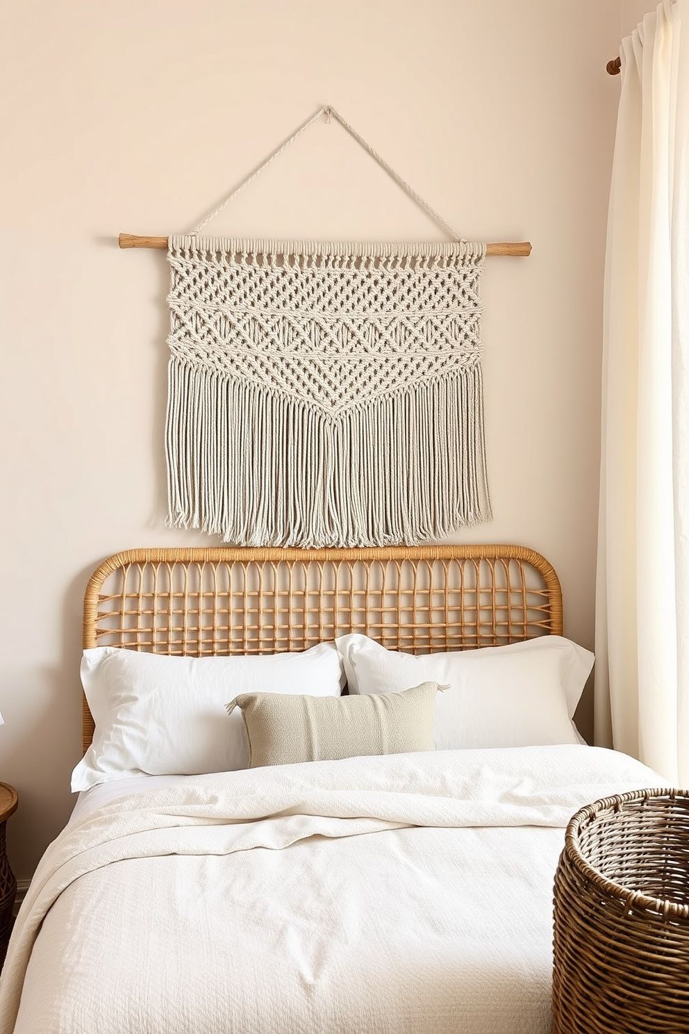 Wide-Knotted Natural Cotton Macramé Hung Low Over a Rattan Bed Frame – coastal — bedroom coastal — bedroom decor · Boho Coastal Bedroom: 15 Relaxed Layered Designs for the Free-Spirited Decorator