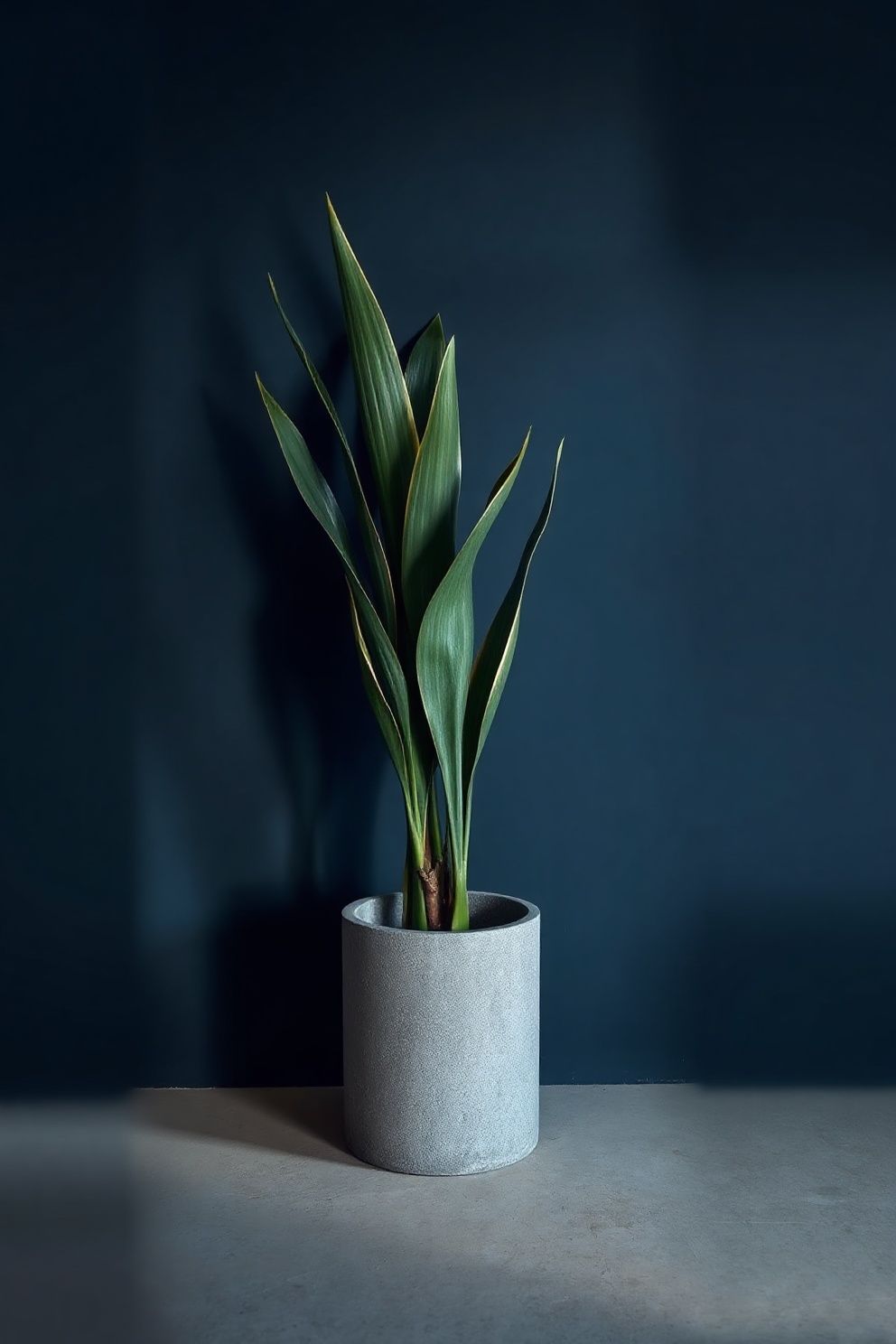 Single Cast Iron Plant in a Matte Stone Pot Against Navy – japandi — living room japandi — living room decor · 10 Dark Japandi Living Room Ideas for a Moody Atmospheric Home