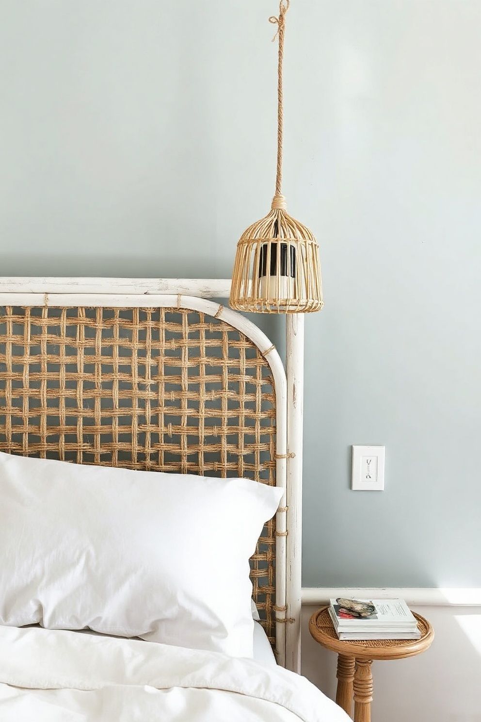 Single Slimline Rattan Pendant Dropped Close Over the Bedside Cane Shelf – coastal — bedroom coastal — bedroom decor · Small Coastal Bedroom: 14 Space-Smart Designs That Feel Like a Beach Retreat
