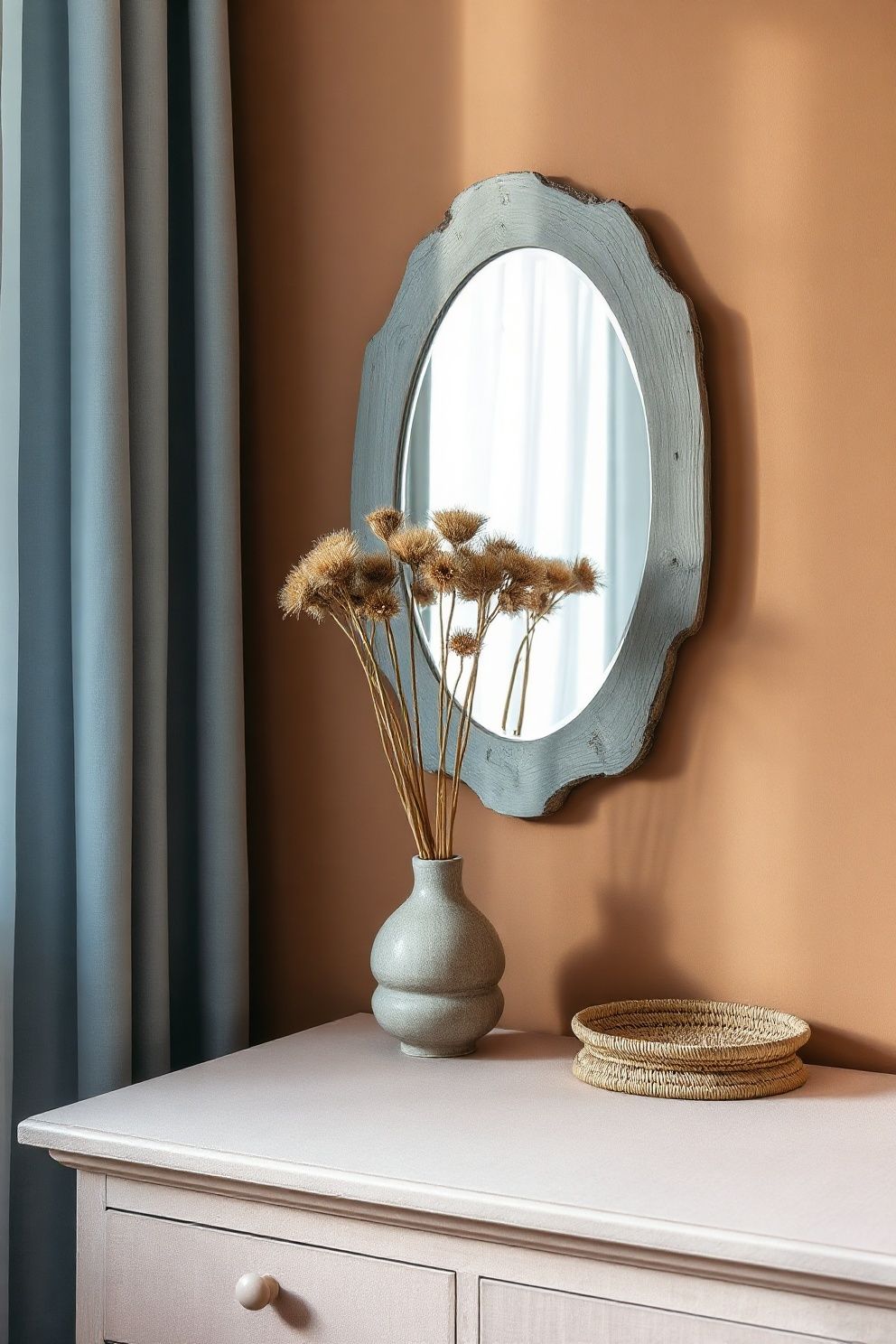 Bleached Driftwood Oval Mirror Above a Blush Linen Dresser – coastal — bedroom coastal — bedroom decor · Pink Coastal Bedroom: 16 Fresh Feminine Designs That Feel Like a Permanent Holiday