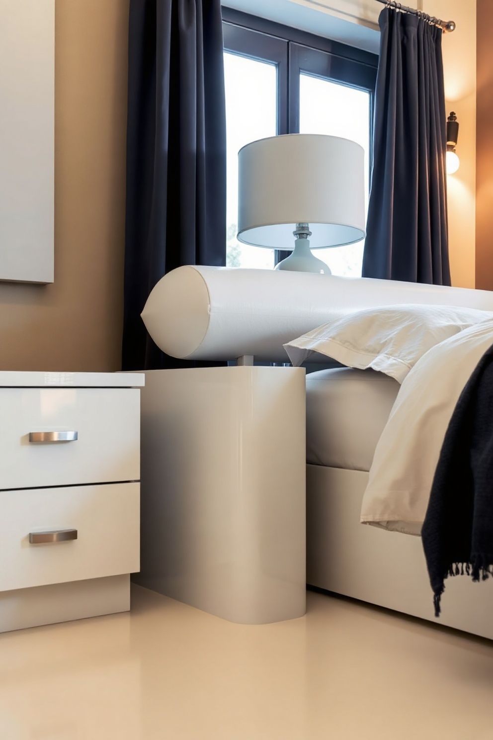 Gloss White Two-Drawer Nightstand With Brushed Nickel Pulls – Japandi coastal —-bedroom decor · Modern Coastal Bedroom: 16 Clean Airy Designs With a Fresh Ocean Feel