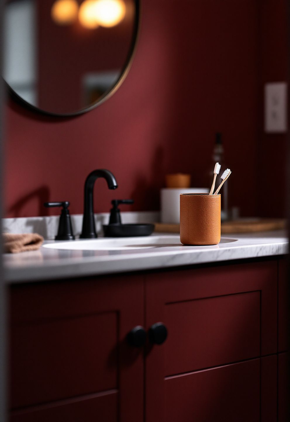 Black Hardware Swaps and a Cognac Leather Toothbrush Holder as the Finishing Layer – seasonal — fall seasonal — fall decor · Fall Bathroom Decor: 16 Cozy Autumn Touches That Transform the Most Private Room