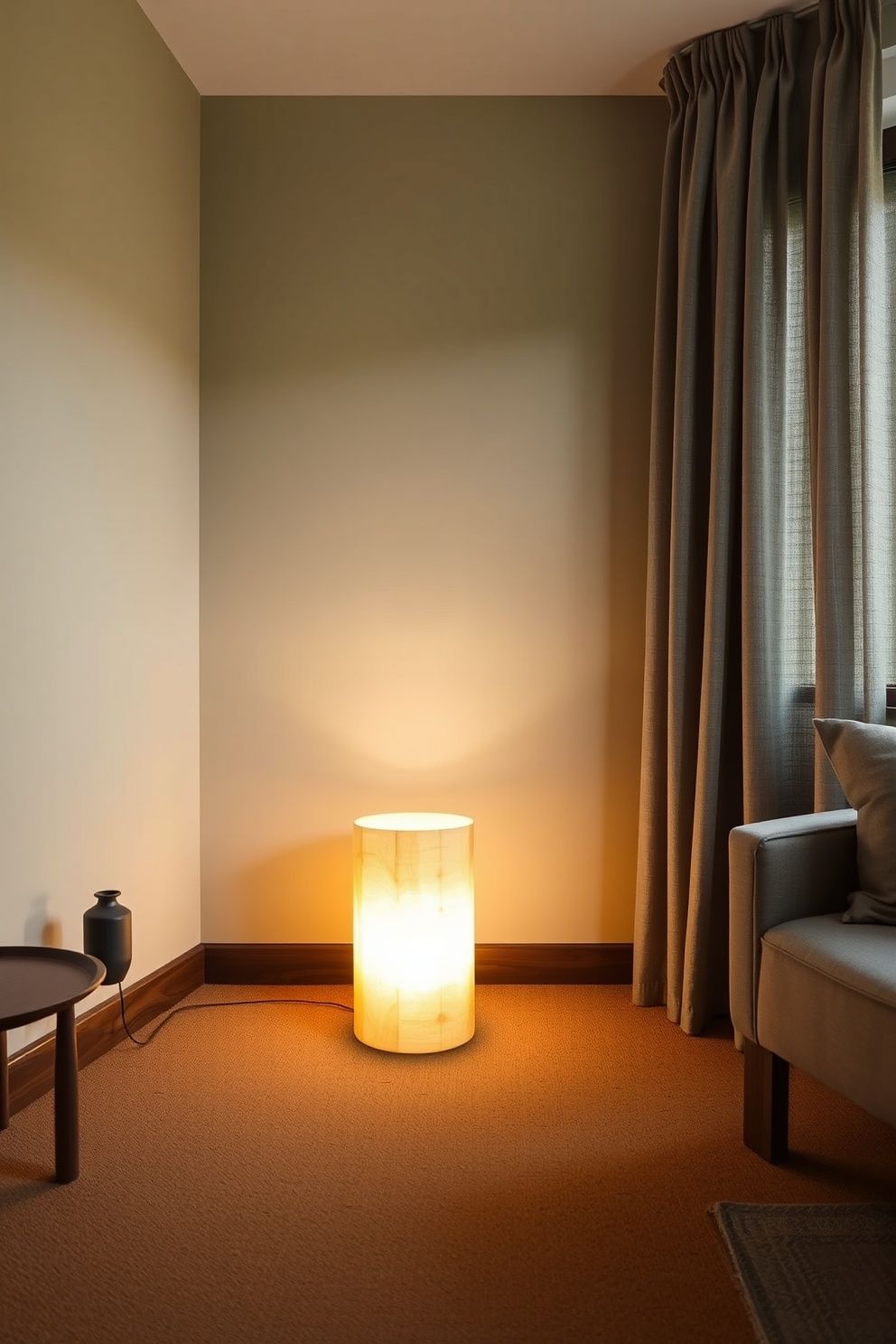 A Washi Paper Cylinder Light Set on the Floor in a Corner — Not Hung or Perched High – japandi — living room japandi — living room decor · 12 Small Japandi Living Room Ideas That Make Any Space Feel Bigger
