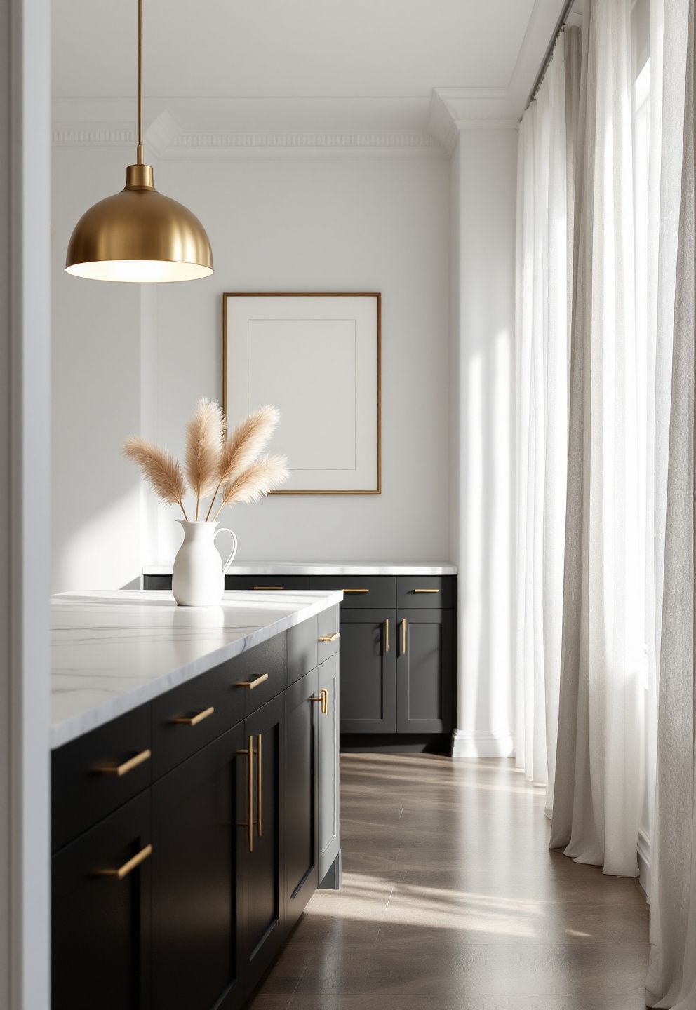 White Marble-Look Countertop and Brass Lighting Against Espresso Cabinets – seasonal — fall seasonal — fall decor · Fall Kitchen Decor Ideas: 14 Warm Autumn Touches That Make Cooking Feel Seasonal