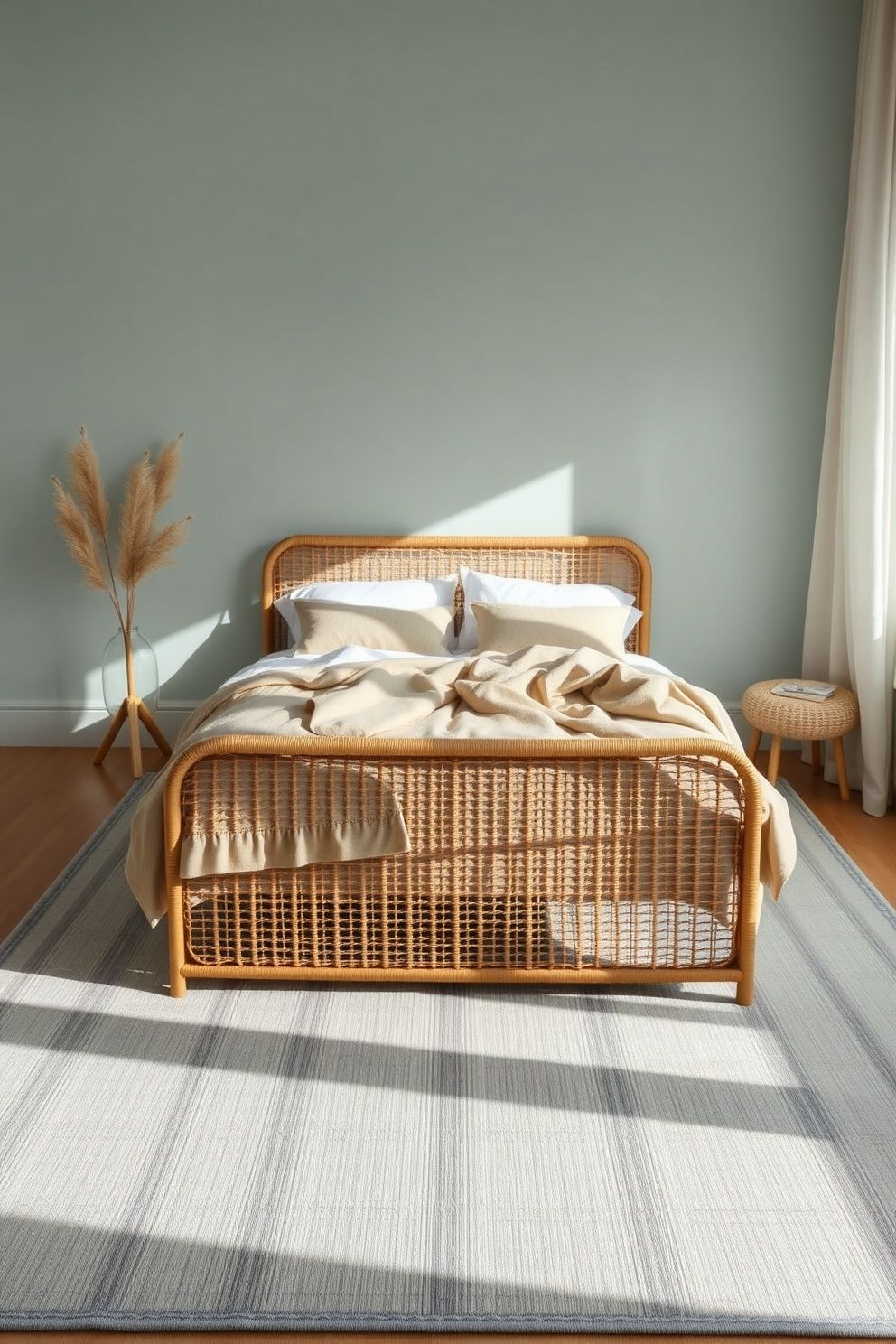 Oversized Hand-Knotted Sage and Dusty Blue Wool Rug Under a Low Cane Bed Frame – coastal — bedroom coastal — bedroom decor · Aesthetic Coastal Bedroom: 15 Pinterest-Perfect Designs That Stop the Scroll