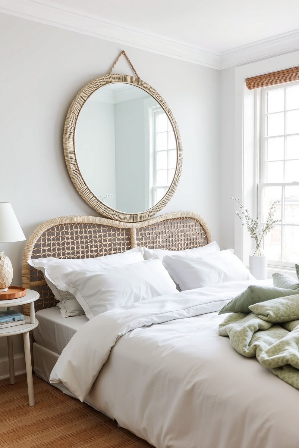 Oversized Round Mirror Hung Opposite the Window to Bounce Light – coastal — bedroom coastal — bedroom decor · Small Coastal Bedroom: 14 Space-Smart Designs That Feel Like a Beach Retreat