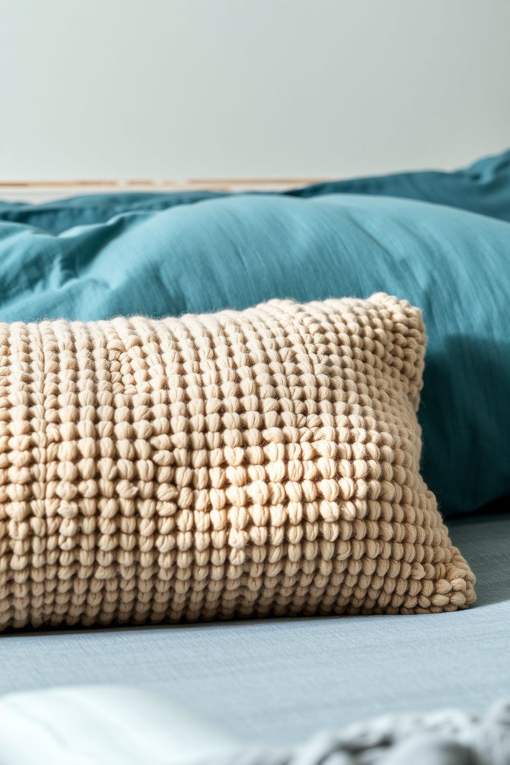 Chunky Boucle Bolster in Warm Oat Against an Inky Teal Stonewashed Linen Sleeping Pillow – coastal — bedroom coastal — bedroom decor · Aesthetic Coastal Bedroom: 15 Pinterest-Perfect Designs That Stop the Scroll