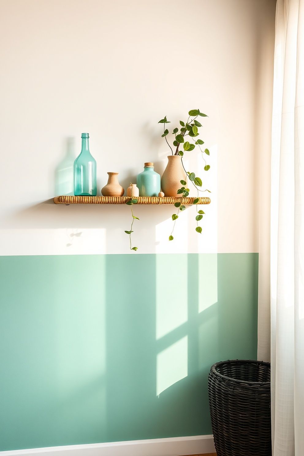 Faded Turquoise Half-Wall With Warm White Upper and Rattan Shelf – coastal — bedroom coastal — bedroom decor · Coastal Granddaughter Bedroom: 14 Modern Youthful Takes on Classic Beach Style