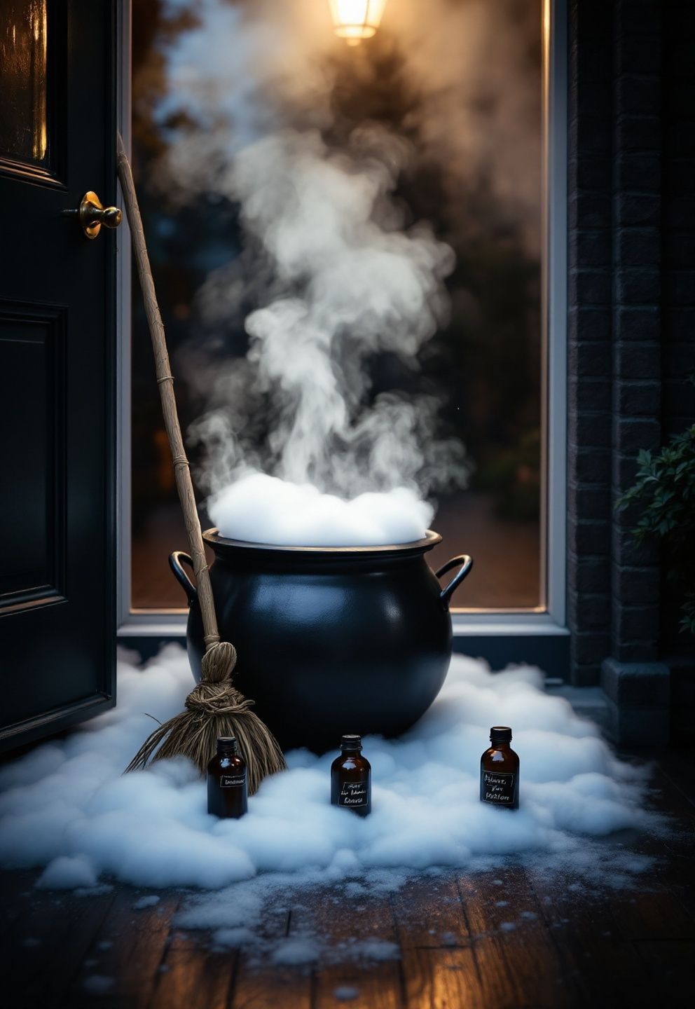 Cauldron and Broomstick Welcome Corner Beside the Door – seasonal — spring + other seasonal — spring + other decor · Halloween Porch Decor: 16 Dramatic Outdoor Designs That Wow the Whole Street