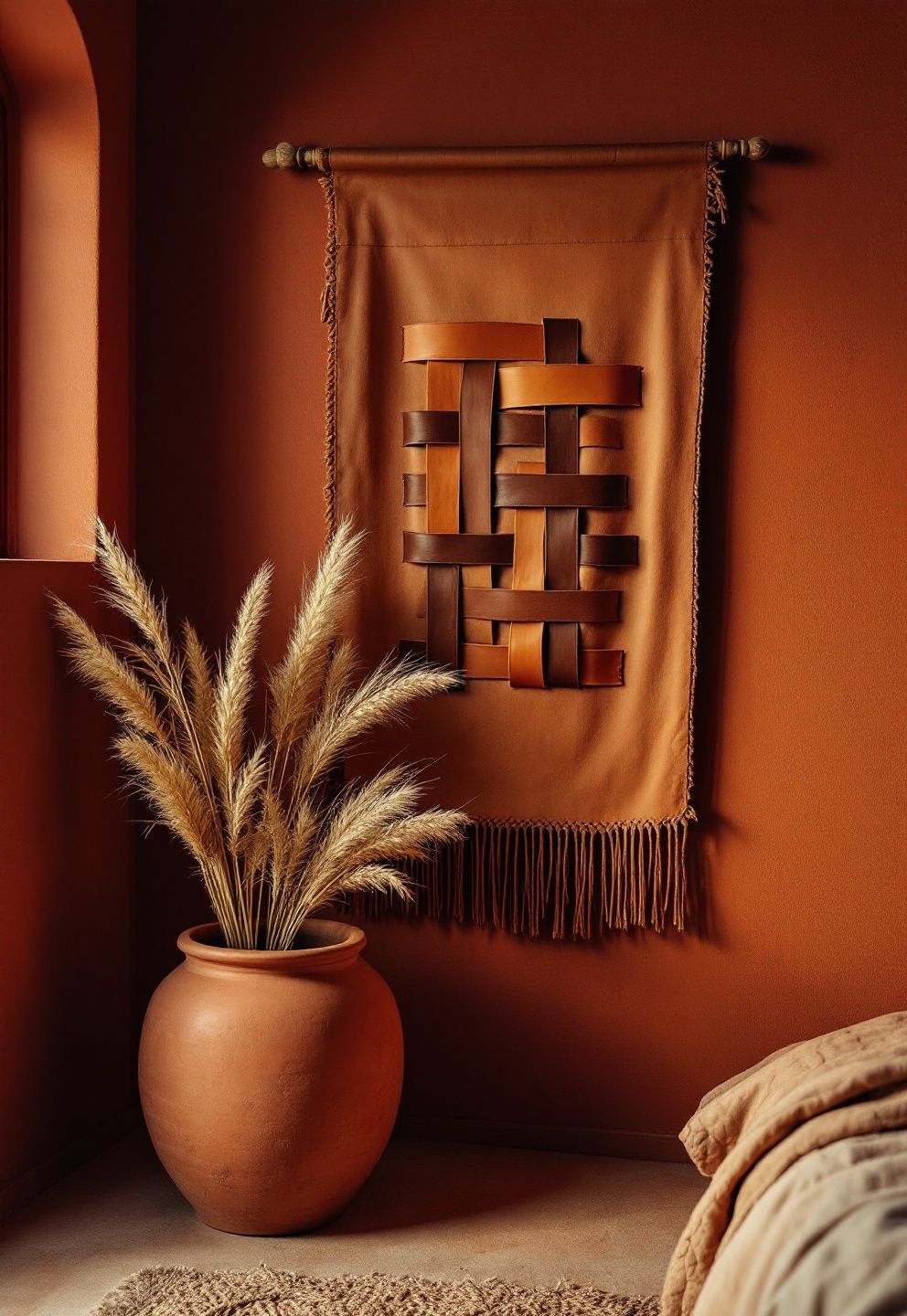 Ochre Clay Walls, Woven Leather Wall Hanging, Dried Pampas and Sea Oats Mixed – coastal — bedroom coastal — bedroom decor · Coastal Cowgirl Bedroom: 14 Western-Meets-Beach Designs That Define the New Trend