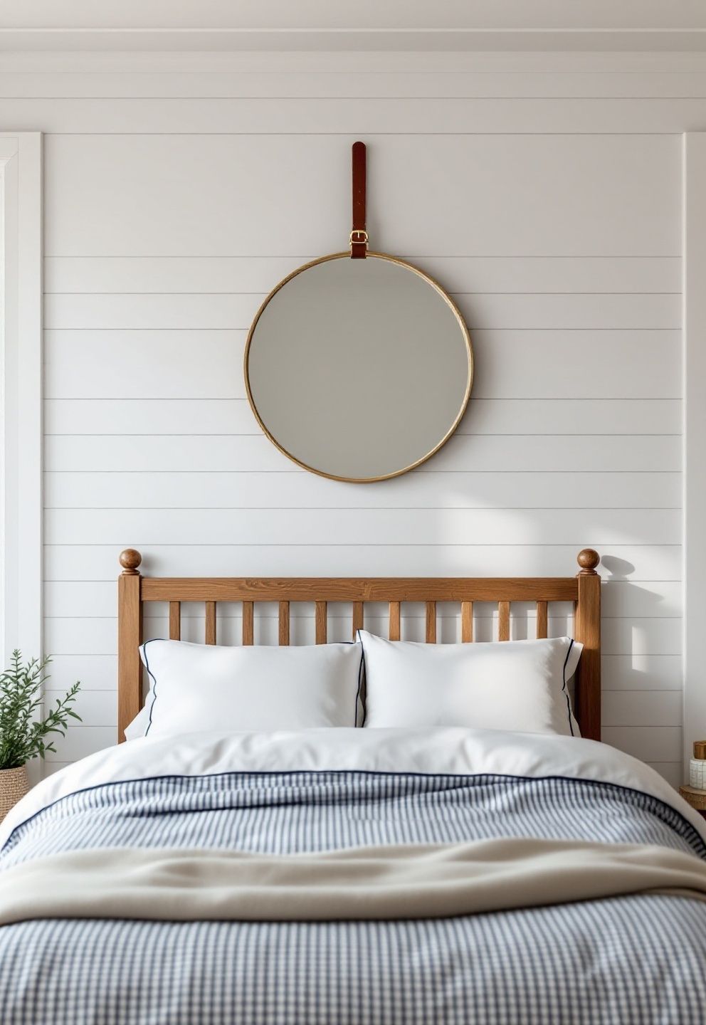 Navy Ticking Stripe Bedding, a Leather Belt-Strap Mirror, White Shiplap – coastal — bedroom coastal — bedroom decor · Coastal Cowgirl Bedroom: 14 Western-Meets-Beach Designs That Define the New Trend