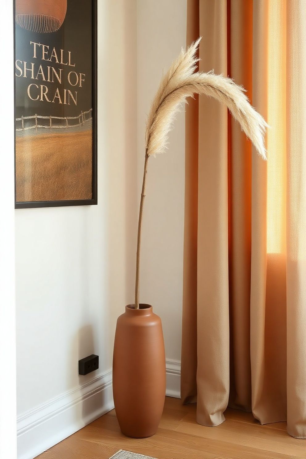 A Terracotta Wheel-Thrown Vase With a Dried Pampas Stem – japandi — living room japandi — living room decor · 18 Cozy Japandi Living Room Ideas That Feel Like a Warm Hug