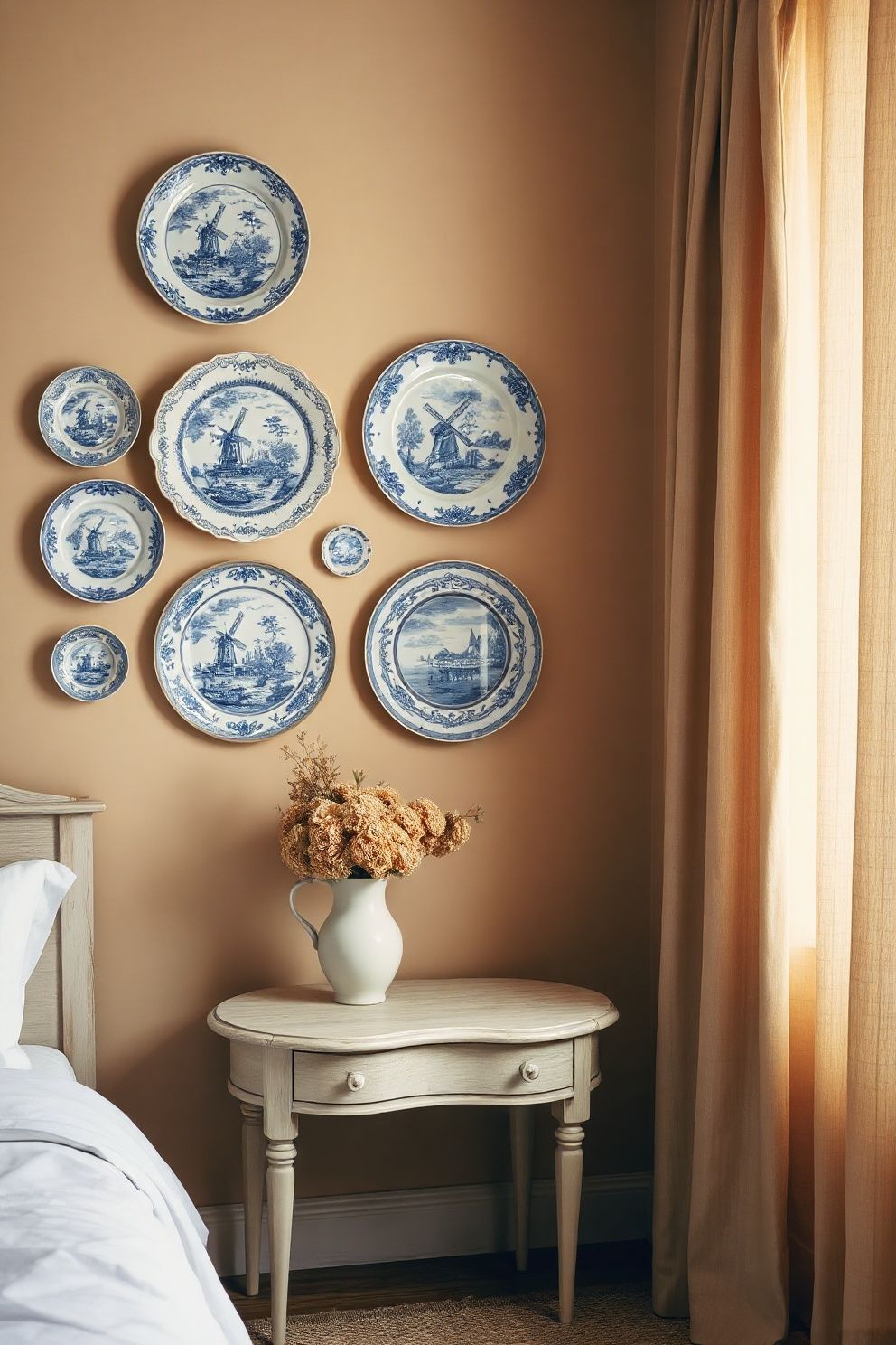 Delft Blue Plate Wall Arranged as Asymmetric Bedroom Art – coastal — bedroom coastal — bedroom decor · Coastal Grandma Bedroom: 14 Timeless Designs Full of Pattern Warmth and Heritage