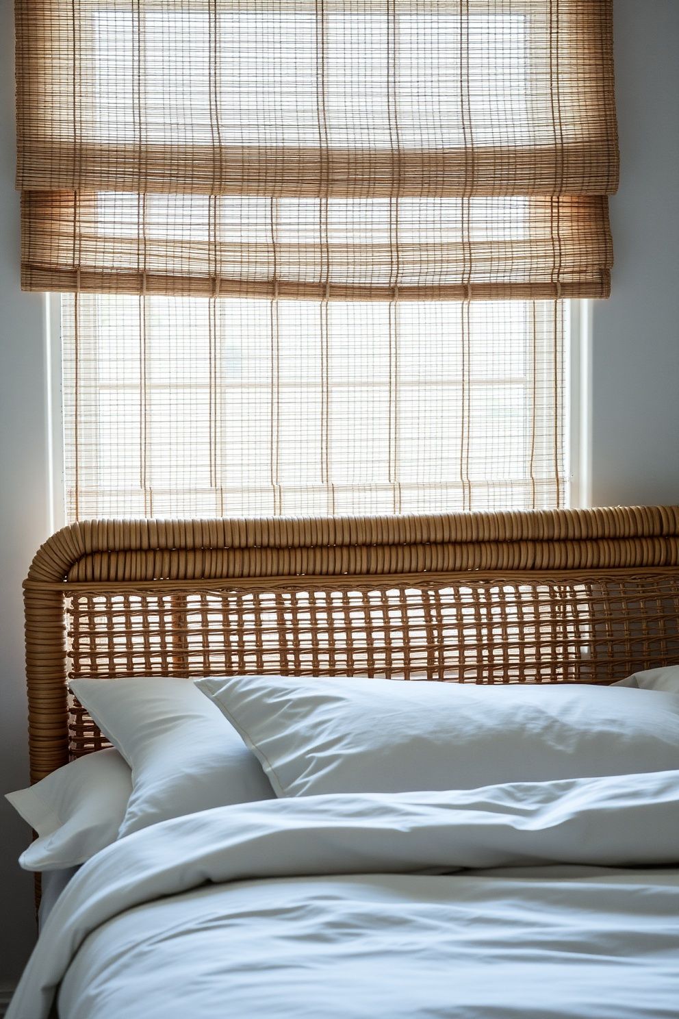 Woven Rattan Roman Blind Sitting Flush Inside the Reveal – coastal — bedroom coastal — bedroom decor · Small Coastal Bedroom: 14 Space-Smart Designs That Feel Like a Beach Retreat