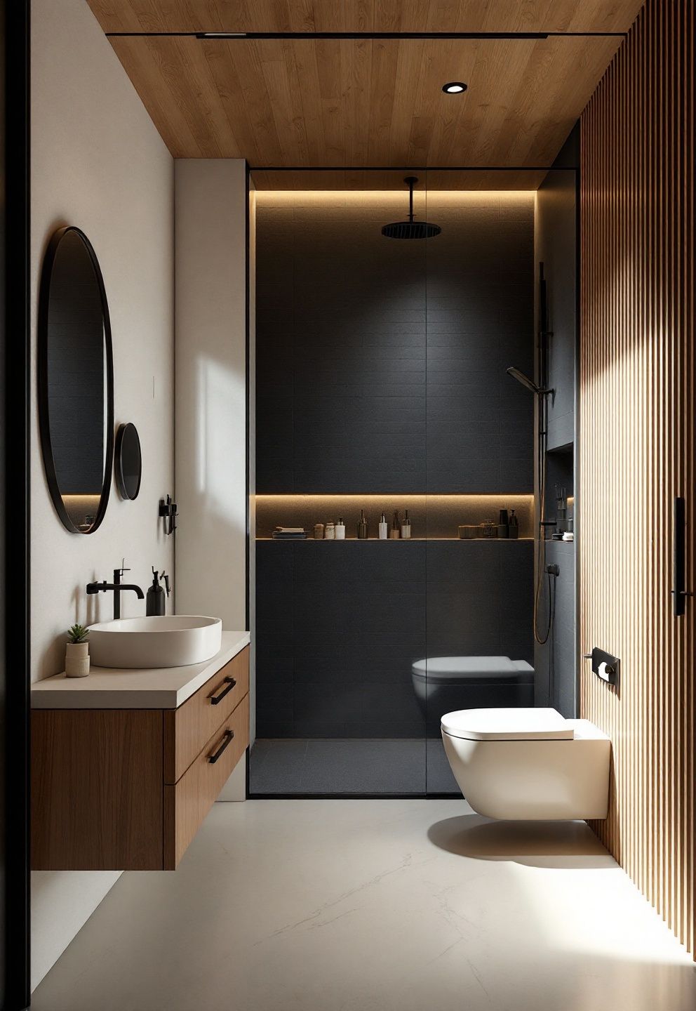 Why Full Coverage Isn't Where Dark Tile Has the Most Impact – japandi — bathroom japandi — bathroom decor · 11 Dark Japandi Bathroom Ideas With a Rich and Moody Atmosphere
