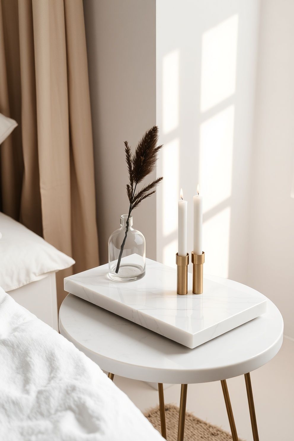 Honed White Marble Tray With Brushed Brass Taper Holders and a Single Stem Vase – coastal — bedroom coastal — bedroom decor · Coastal Chic Bedroom: 14 Elegant Designs for a Luxury Beach House Feeling