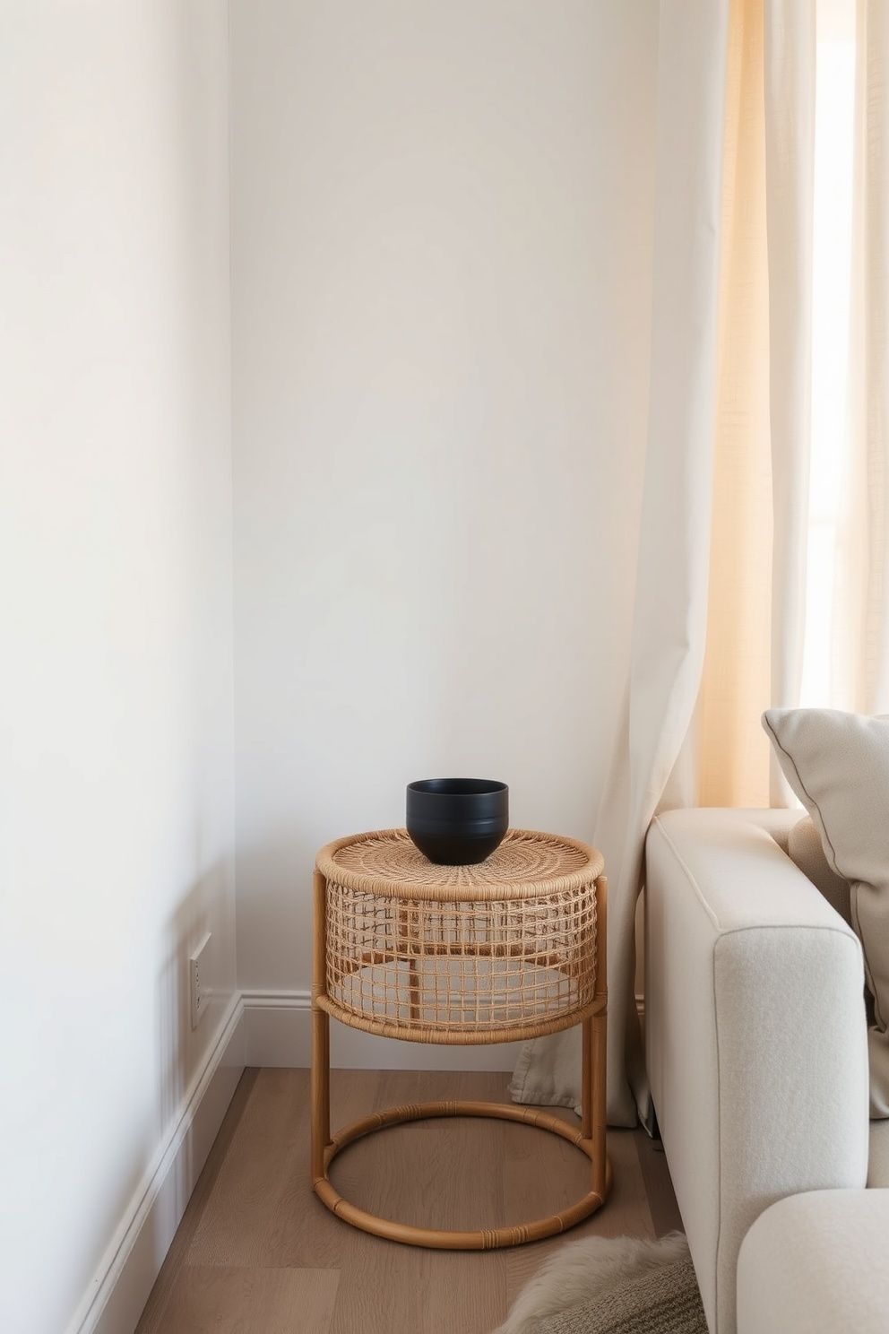 A Thin-Rod Metal or Rattan Open-Frame Side Table Instead of a Solid Drum Table – japandi — living room japandi — living room decor · 12 Small Japandi Living Room Ideas That Make Any Space Feel Bigger