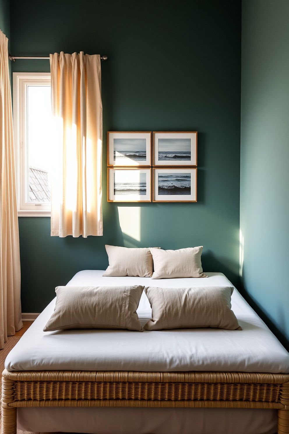 Grid of Four Linen-Mounted Ocean Abstracts in Thin Driftwood Frames Above a Low Bed – coastal — bedroom coastal — bedroom decor · Aesthetic Coastal Bedroom: 15 Pinterest-Perfect Designs That Stop the Scroll