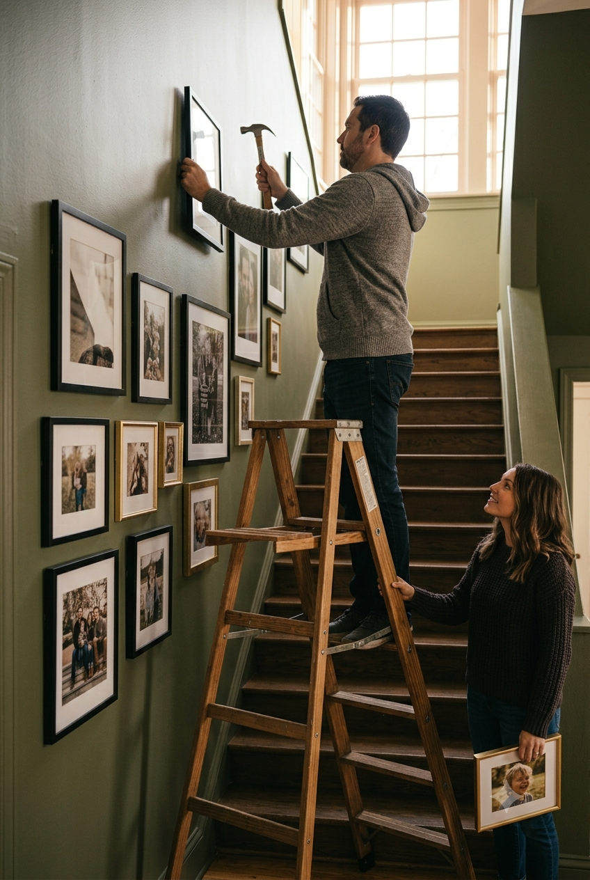 Hanging the Highest Frames Safely — Reach and Footing on a Rising Stair Run – style guides style guides decor · Staircase & Hallway Gallery Wall Ideas: 12 Small-Space Layouts That Make Narrow Walls Work