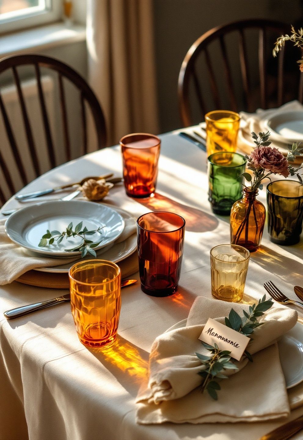 Mismatched Vintage Glassware Thanksgiving Tablescape with Hand-Lettered Place Cards – seasonal — fall seasonal — fall decor · Thanksgiving Tablescape: 16 Stunning Autumn Table Settings for the Big Day