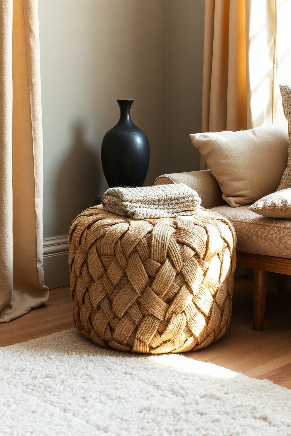 A Jute Pouf Placed Beside the Sofa as a Low Side Perch – japandi — living room japandi — living room decor · 18 Cozy Japandi Living Room Ideas That Feel Like a Warm Hug