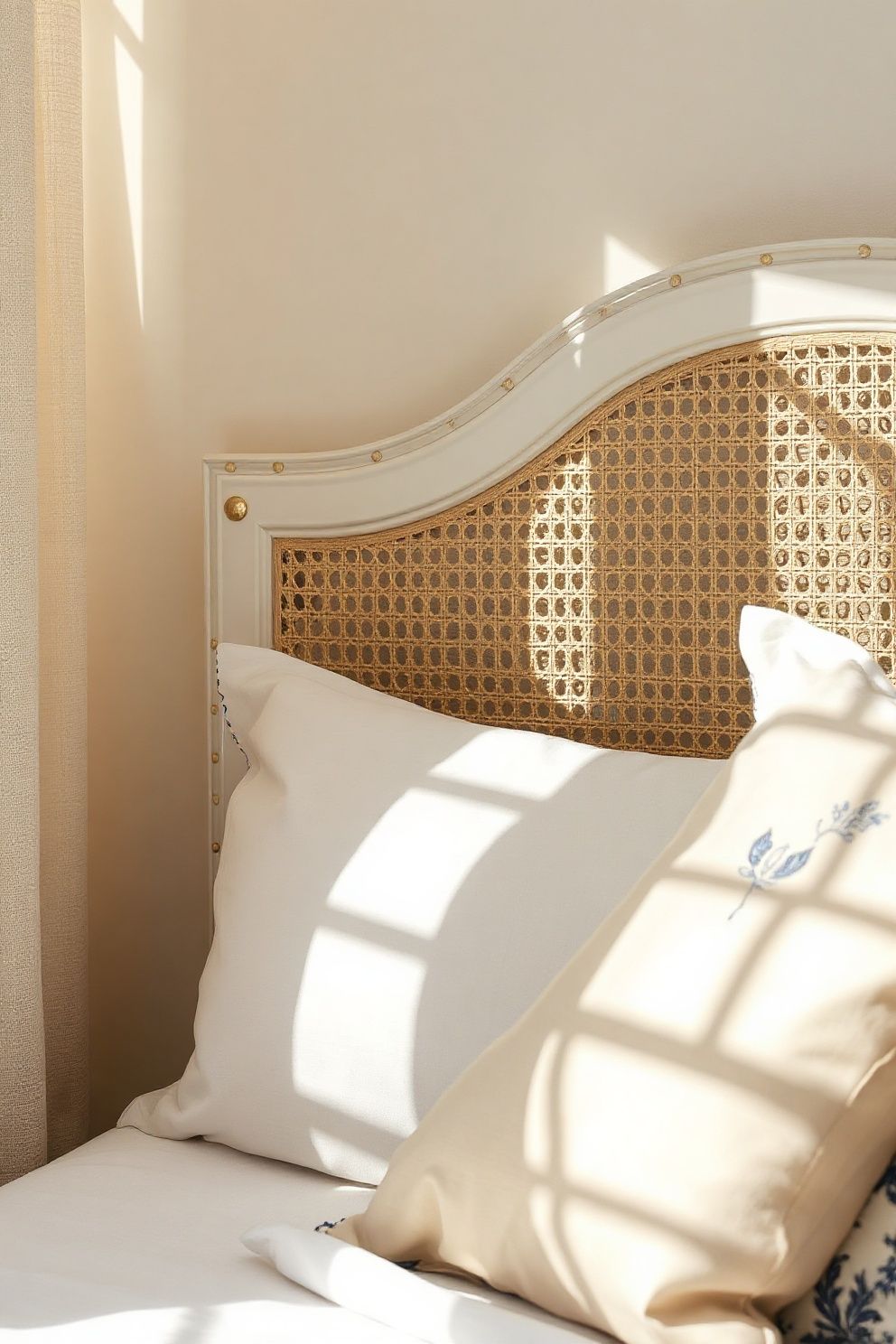 White Painted Cane Headboard With Brass Tack Detail – coastal — bedroom coastal — bedroom decor · Coastal Grandma Bedroom: 14 Timeless Designs Full of Pattern Warmth and Heritage