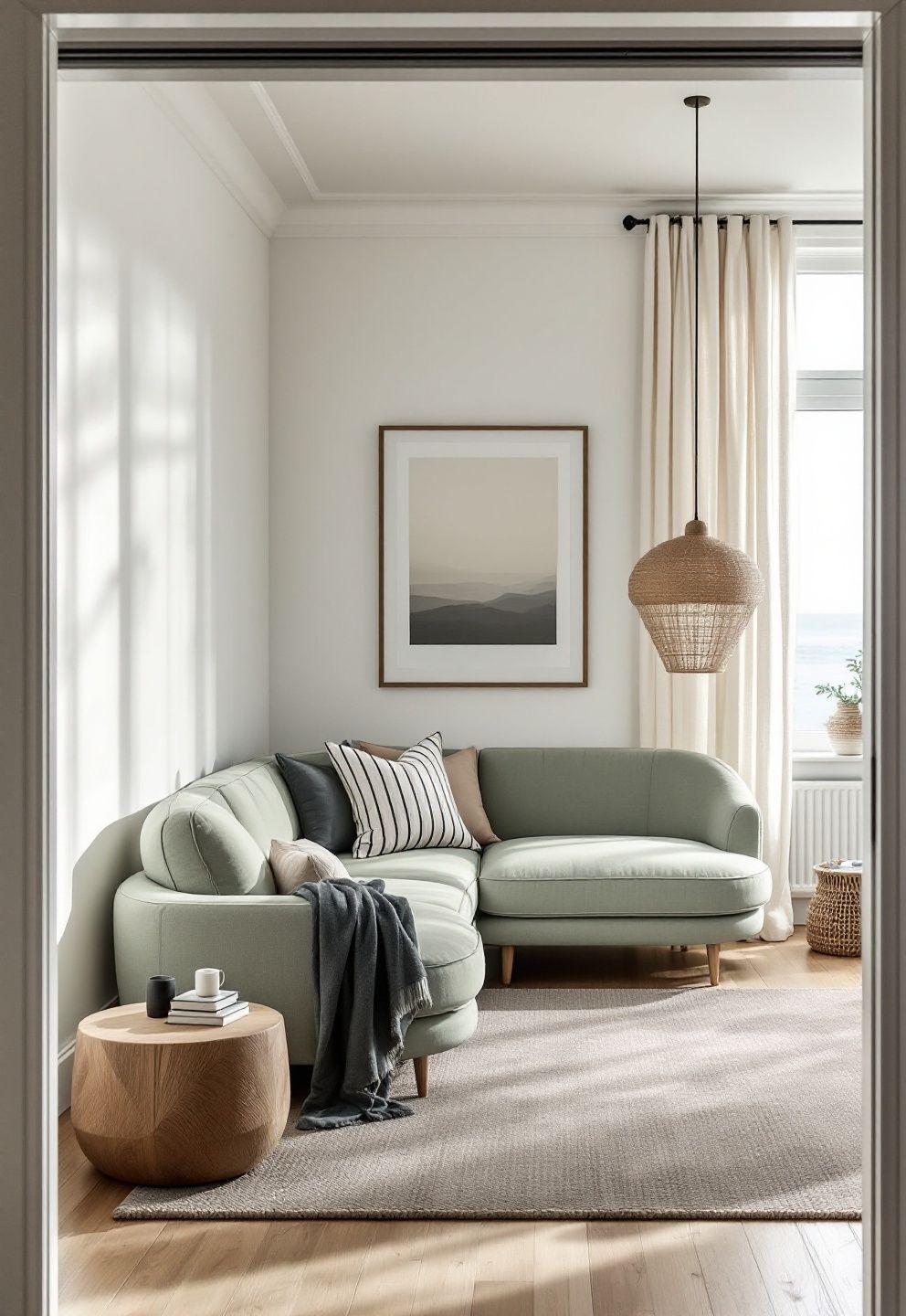 Sage Green Curved Sofa, Pale Oak, Sand-Tone Everything Else – coastal — living room coastal — living room decor · Coastal Living Room Ideas: 20 Beautiful Designs That Bring the Beach Home
