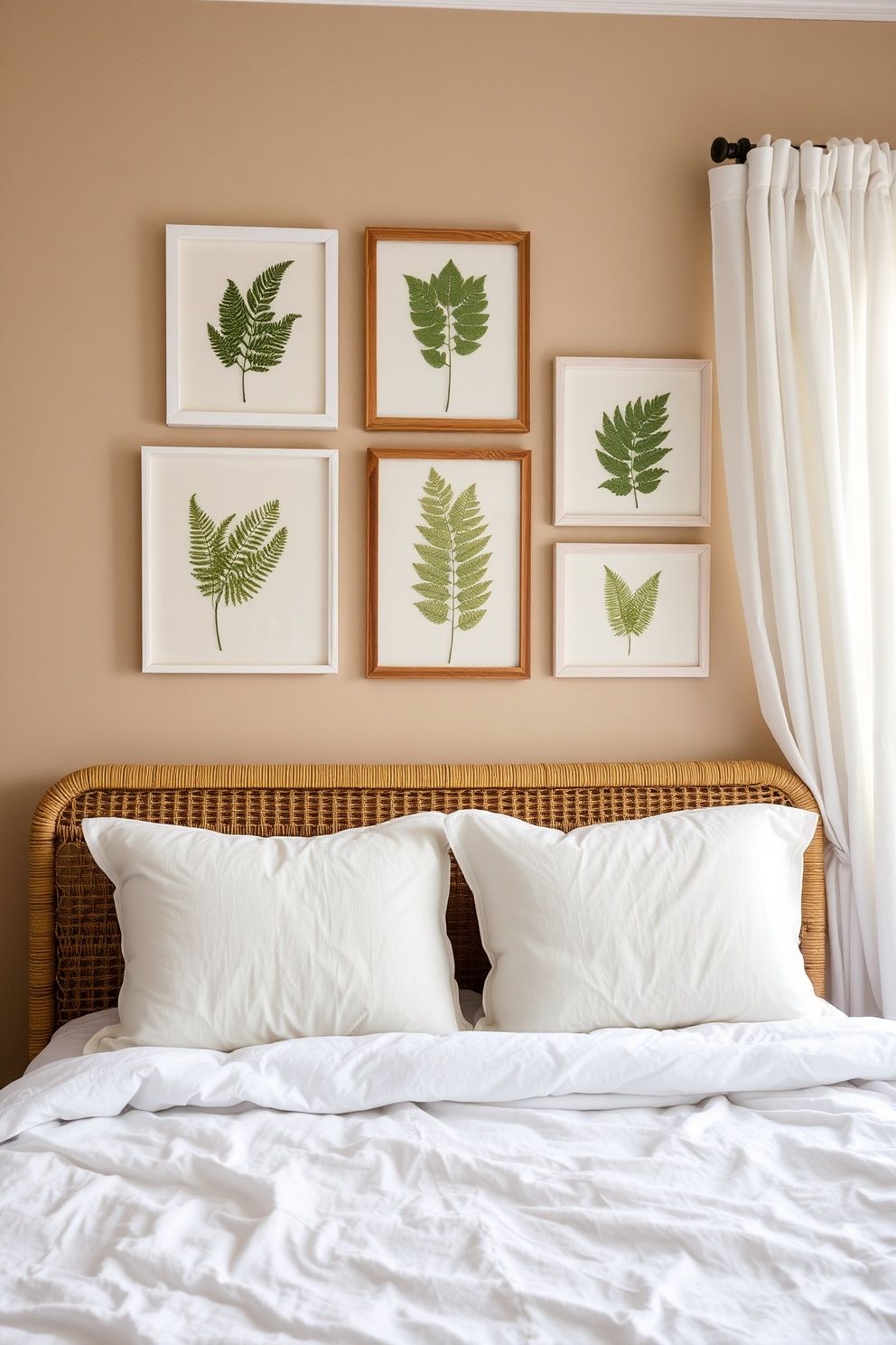 Clustered Pressed-Fern Frames in Whitewashed Wood Above the Bed – coastal — bedroom coastal — bedroom decor · Coastal Cottage Bedroom: 15 Charming Designs Full of Character and Relaxed Beauty