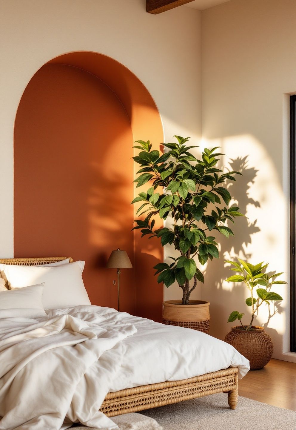 Curved Adobe-Tone Headboard Wall, Woven Rush Bed, and a Courtyard-Inspired Corner Planting – coastal — bedroom coastal — bedroom decor · California Coastal Bedroom: 14 Laid-Back Golden State Designs That Feel Like Permanent Summer