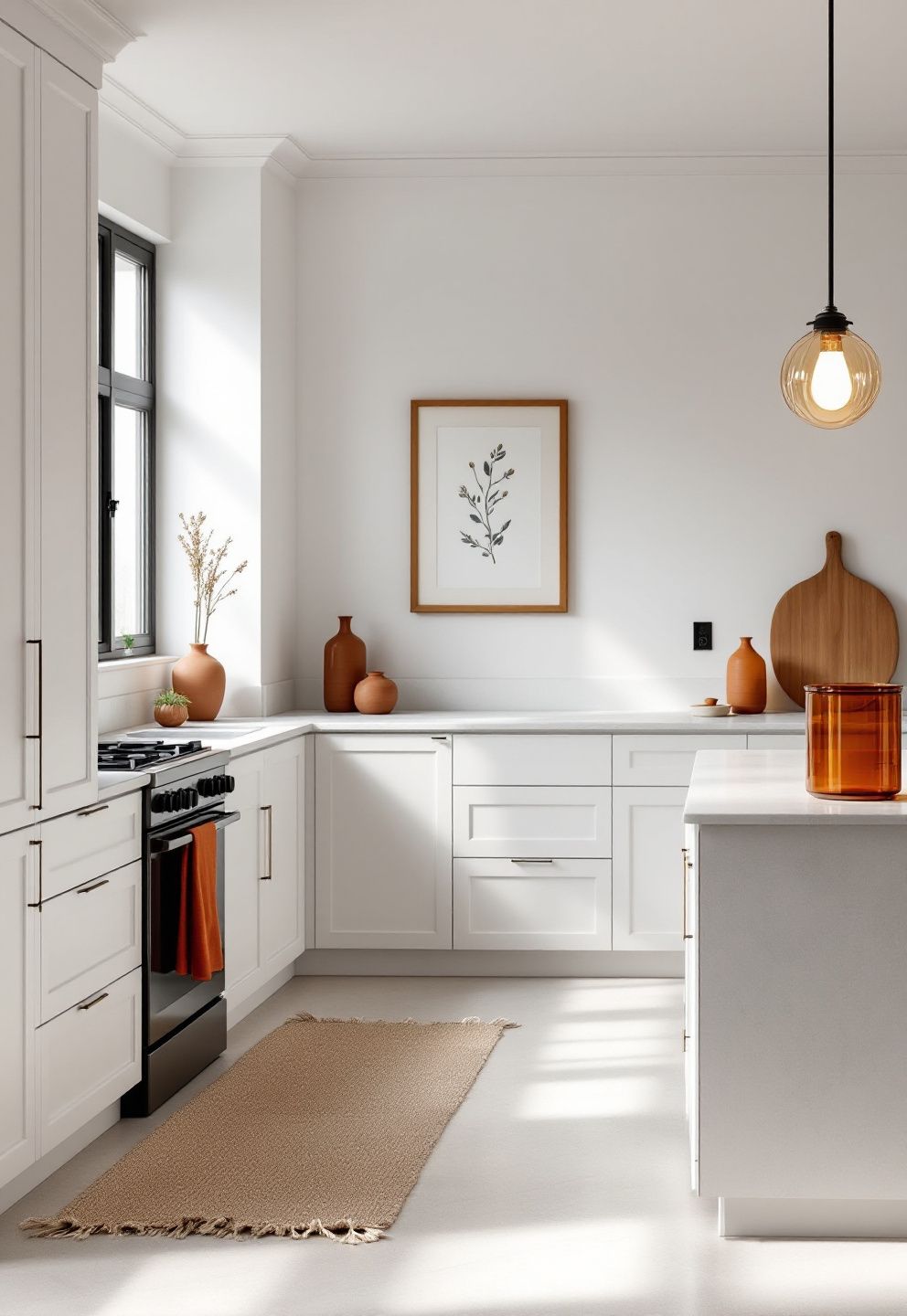 Rust and Terracotta Textiles Against White Cabinets – seasonal — fall seasonal — fall decor · Fall Kitchen Decor Ideas: 14 Warm Autumn Touches That Make Cooking Feel Seasonal
