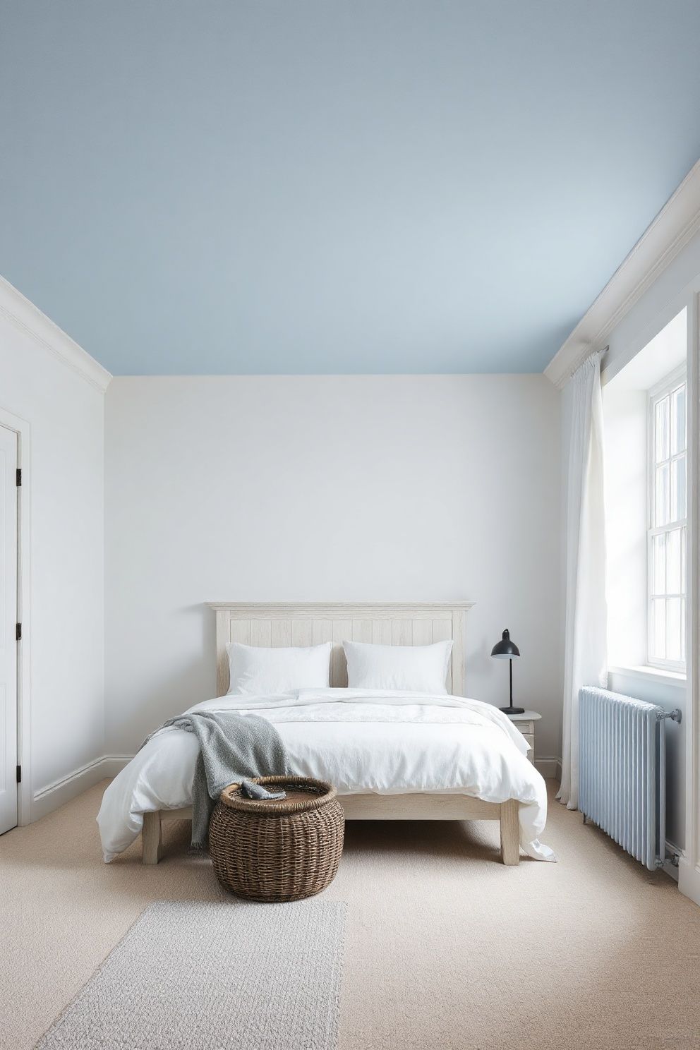 Sky Blue Ceiling in an All-White Bedroom