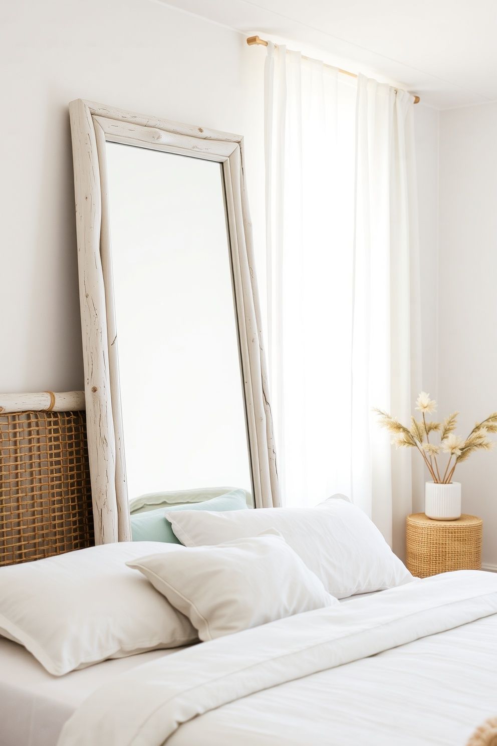 Full-Length Leaning Mirror in a Whitewashed Driftwood Frame – coastal — bedroom coastal — bedroom decor · Small Coastal Bedroom: 14 Space-Smart Designs That Feel Like a Beach Retreat