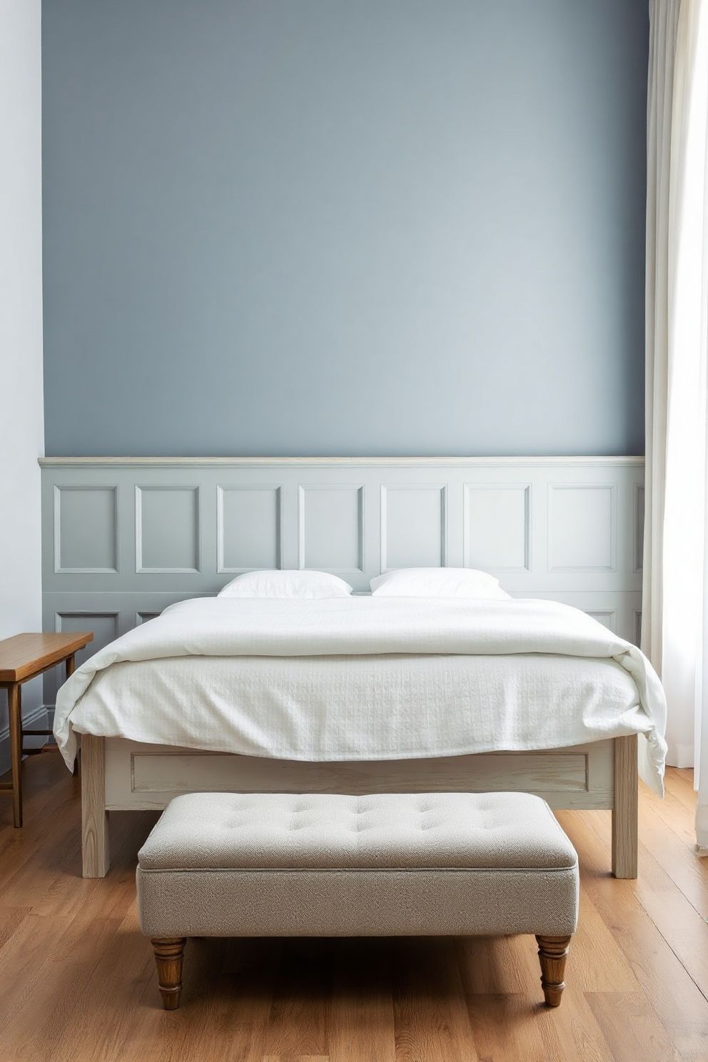 Dusty Blue Panelled Wainscoting From Floor to Bed Height