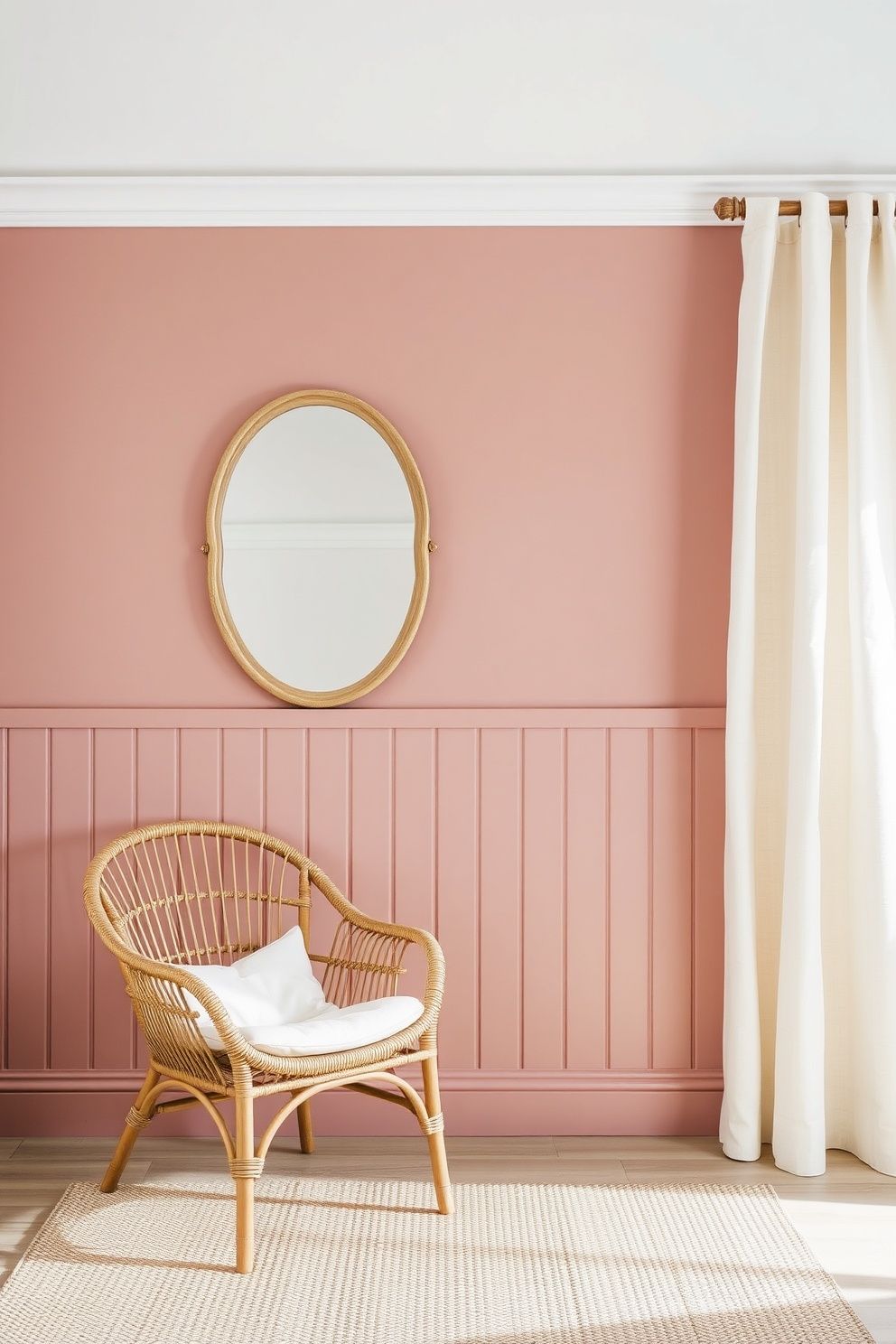 Soft Rose Half-Wall Panelling With Warm White Upper Walls – coastal — bedroom coastal — bedroom decor · Pink Coastal Bedroom: 16 Fresh Feminine Designs That Feel Like a Permanent Holiday
