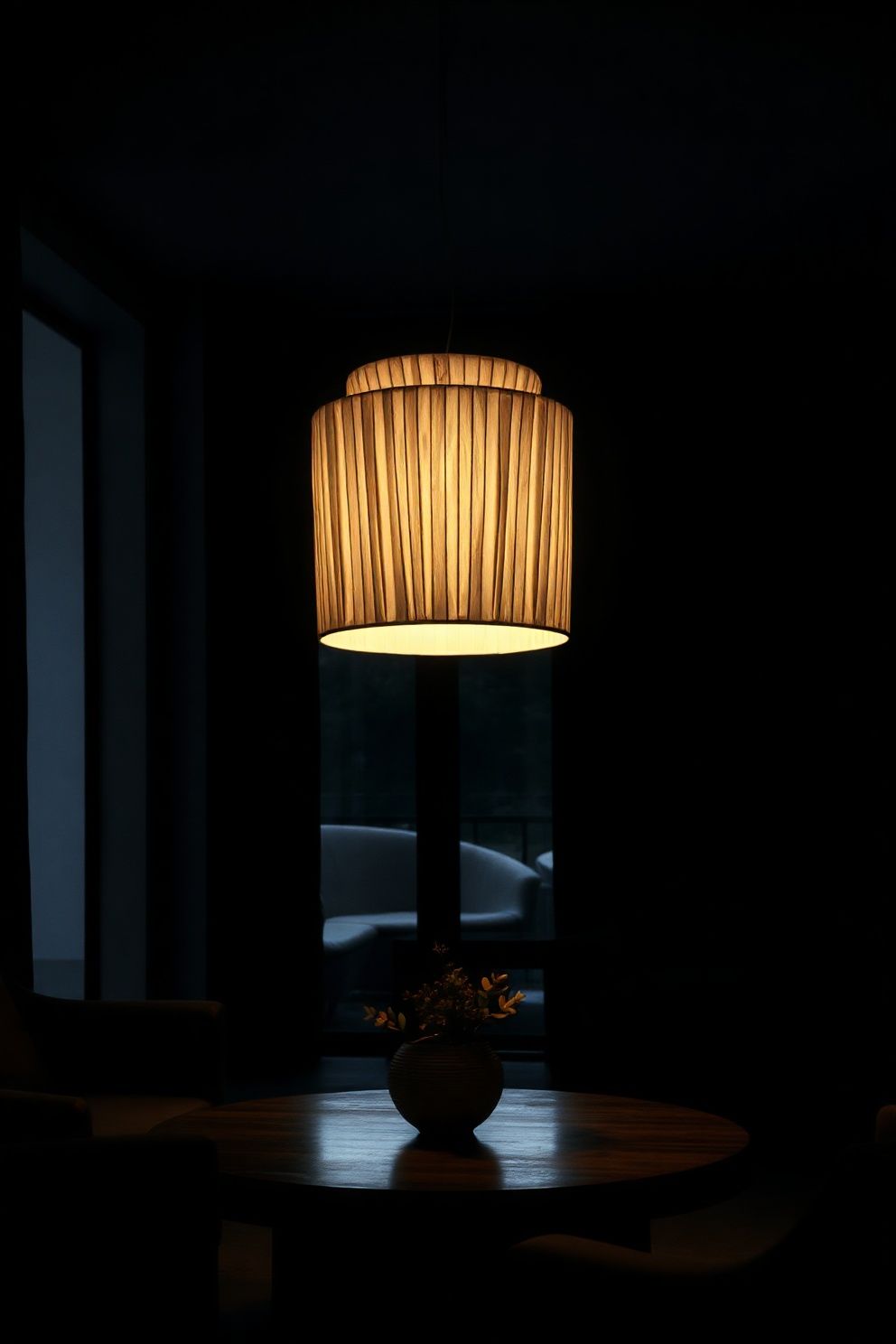Folded Washi Drum Shade at Near-Floor Height – japandi — living room japandi — living room decor · 10 Dark Japandi Living Room Ideas for a Moody Atmospheric Home