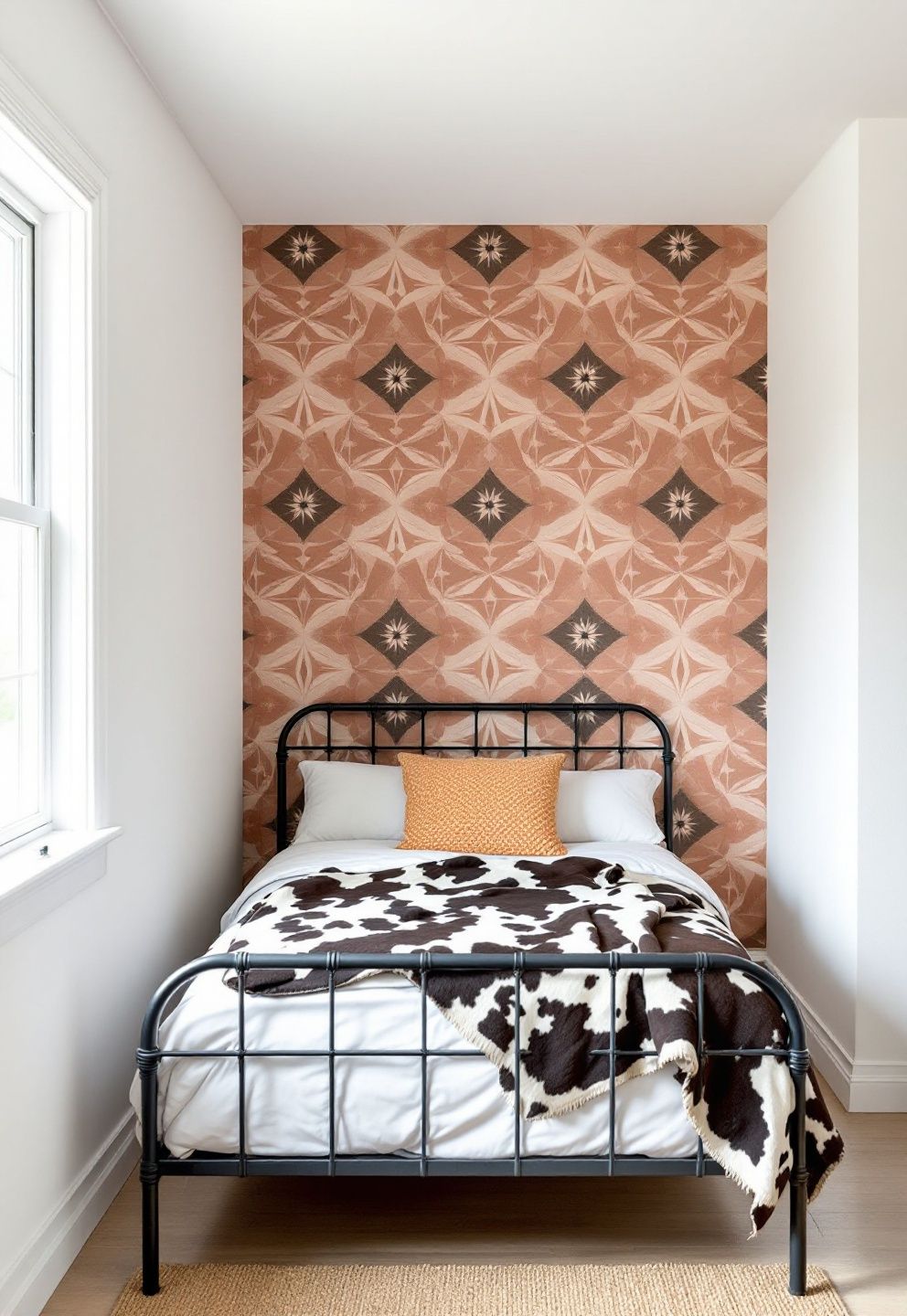 Peel-and-Stick Adobe Print Wallpaper on One Wall, Cowhide-Print Throw, Rented White Walls Elsewhere – coastal — bedroom coastal — bedroom decor · Coastal Cowgirl Bedroom: 14 Western-Meets-Beach Designs That Define the New Trend