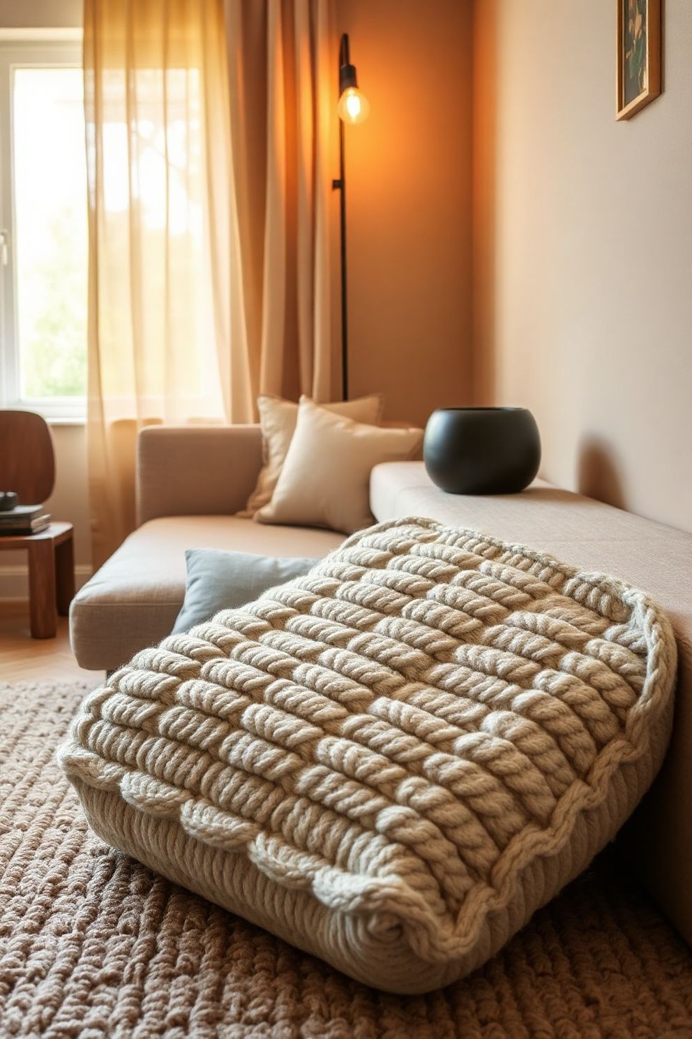 A Chunky Knit Cushion in Warm Oatmeal Placed at Floor Level – japandi — living room japandi — living room decor · 18 Cozy Japandi Living Room Ideas That Feel Like a Warm Hug