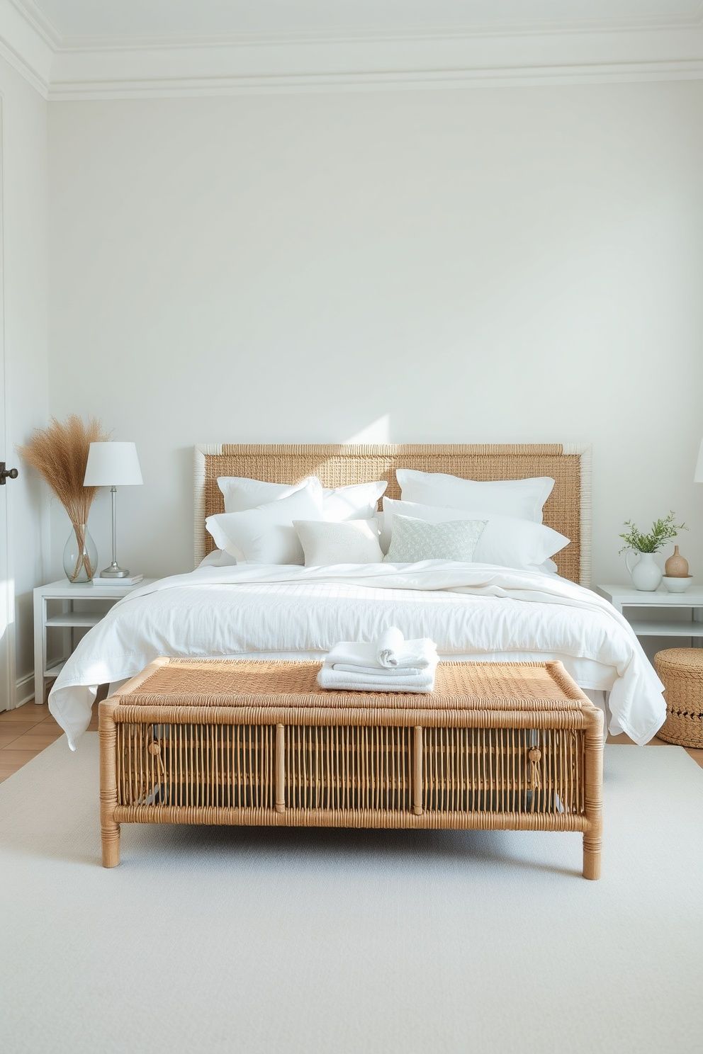 Low Ottoman With Seagrass Lid Doubling as Luggage and Linen Storage – coastal — bedroom coastal — bedroom decor · Small Coastal Bedroom: 14 Space-Smart Designs That Feel Like a Beach Retreat