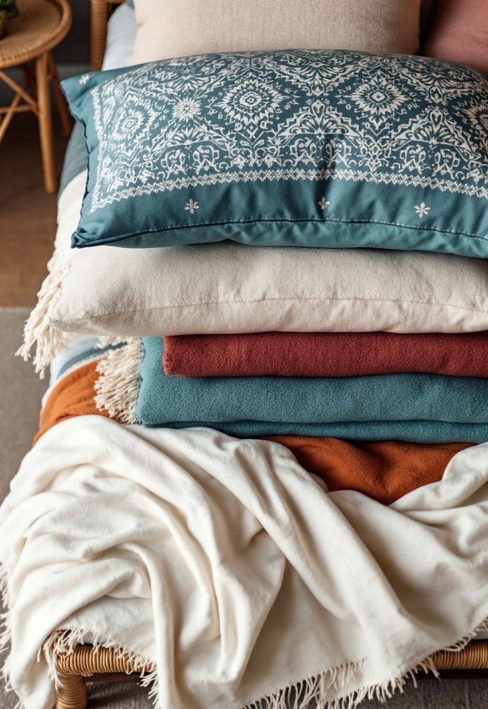 Fringed Linen Throw, Vintage Bandana Pillow Stack, Turquoise and Rust Layered Textiles – coastal — bedroom coastal — bedroom decor · Coastal Cowgirl Bedroom: 14 Western-Meets-Beach Designs That Define the New Trend