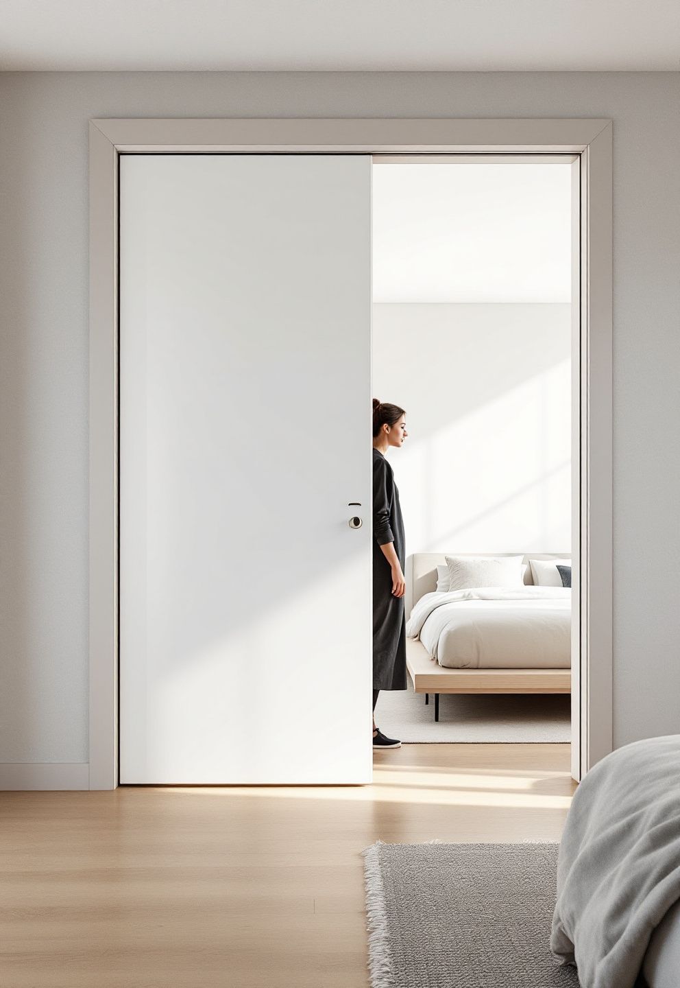 A Sliding Pocket-Door Retrofit That Reclaims the Swing Arc on Warm White – japandi — bedroom japandi — bedroom decor · 13 Small Japandi Bedroom Ideas That Feel Spacious and Serene