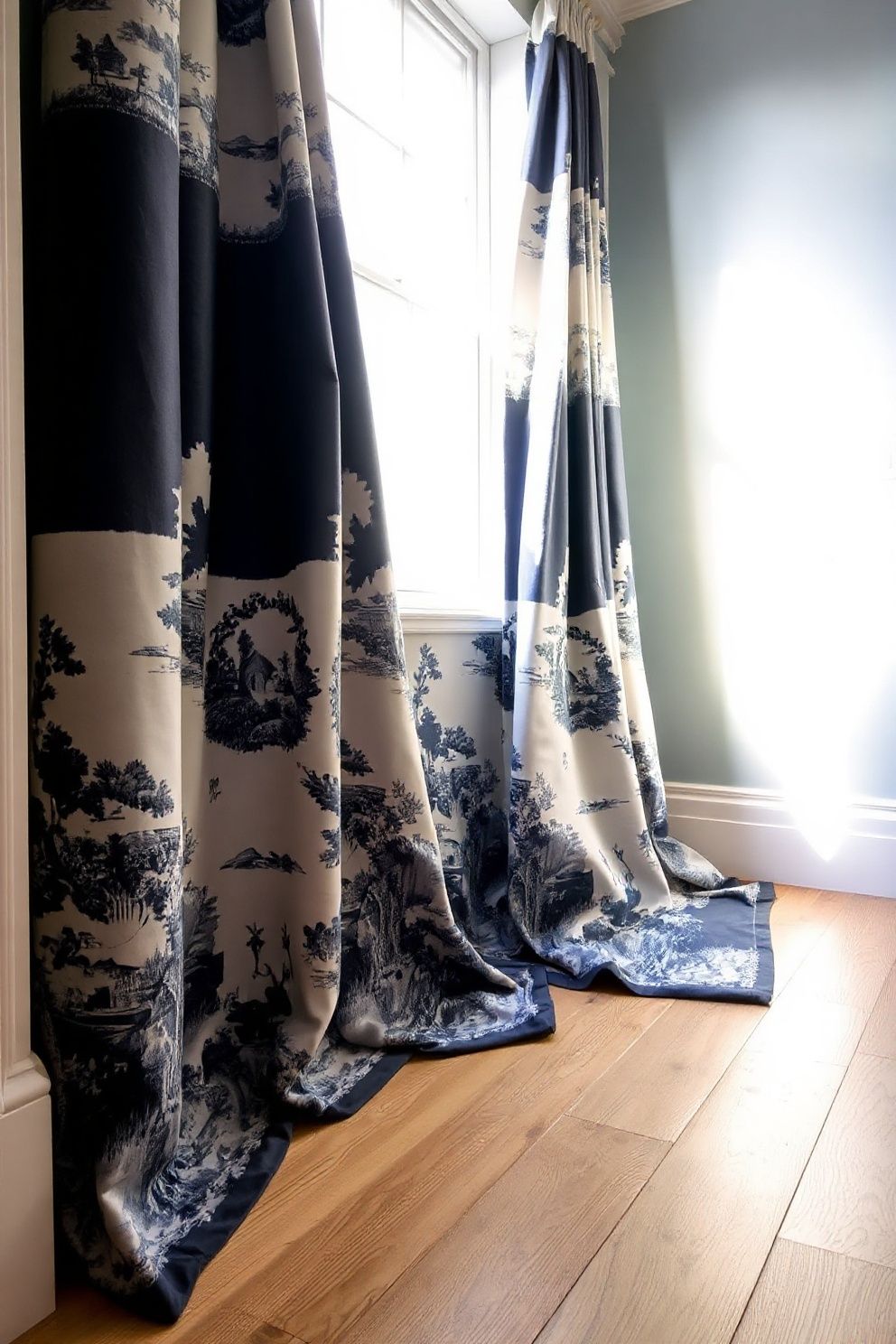Full-Length Toile Curtains in Navy and Ivory Pooled at the Floor – coastal — bedroom coastal — bedroom decor · Coastal Grandma Bedroom: 14 Timeless Designs Full of Pattern Warmth and Heritage
