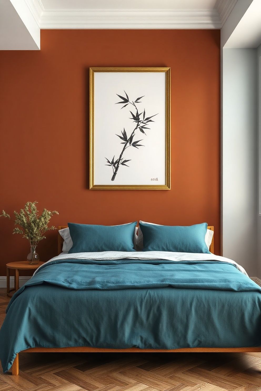 A Framed Sumi-e Ink Brush Print Above the Bed – Japandi bedroom decor · 17 Japandi Bedroom Decor Ideas for a Sleep Sanctuary You Deserve