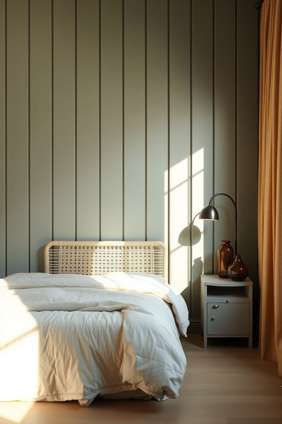 Sage Green Panelled Wall Floor-to-Ceiling With Bleached Rattan Bed and Amber Accents – coastal — bedroom coastal — bedroom decor · Aesthetic Coastal Bedroom: 15 Pinterest-Perfect Designs That Stop the Scroll