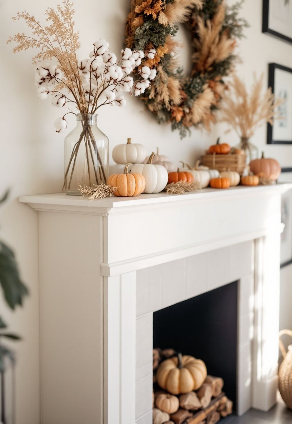 Dried Botanicals and Warm-Toned Pumpkins Instead of Black and Orange – seasonal — spring + other seasonal — spring + other decor · Halloween Mantel Decor: 14 Spooky Fireplace Styling Ideas From Subtle to Scary