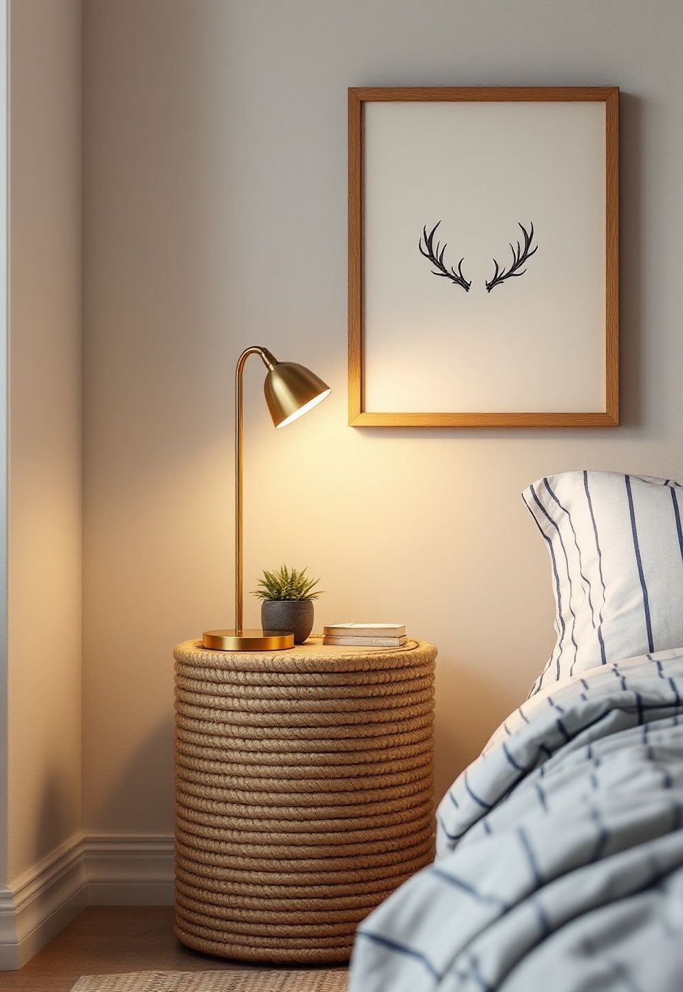 Rope-Wrapped Nightstand, Indigo Stripe Quilt, Antler Silhouette Art Print – coastal — bedroom coastal — bedroom decor · Coastal Cowgirl Bedroom: 14 Western-Meets-Beach Designs That Define the New Trend
