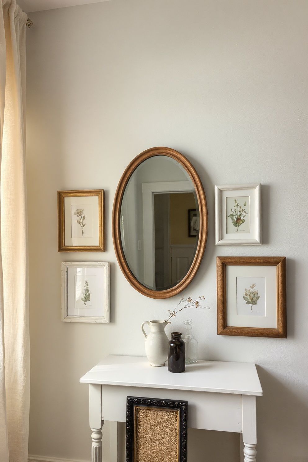 Oval Foxed Mirror Surrounded by Mismatched Botanical Watercolours – coastal — bedroom coastal — bedroom decor · Coastal Cottage Bedroom: 15 Charming Designs Full of Character and Relaxed Beauty