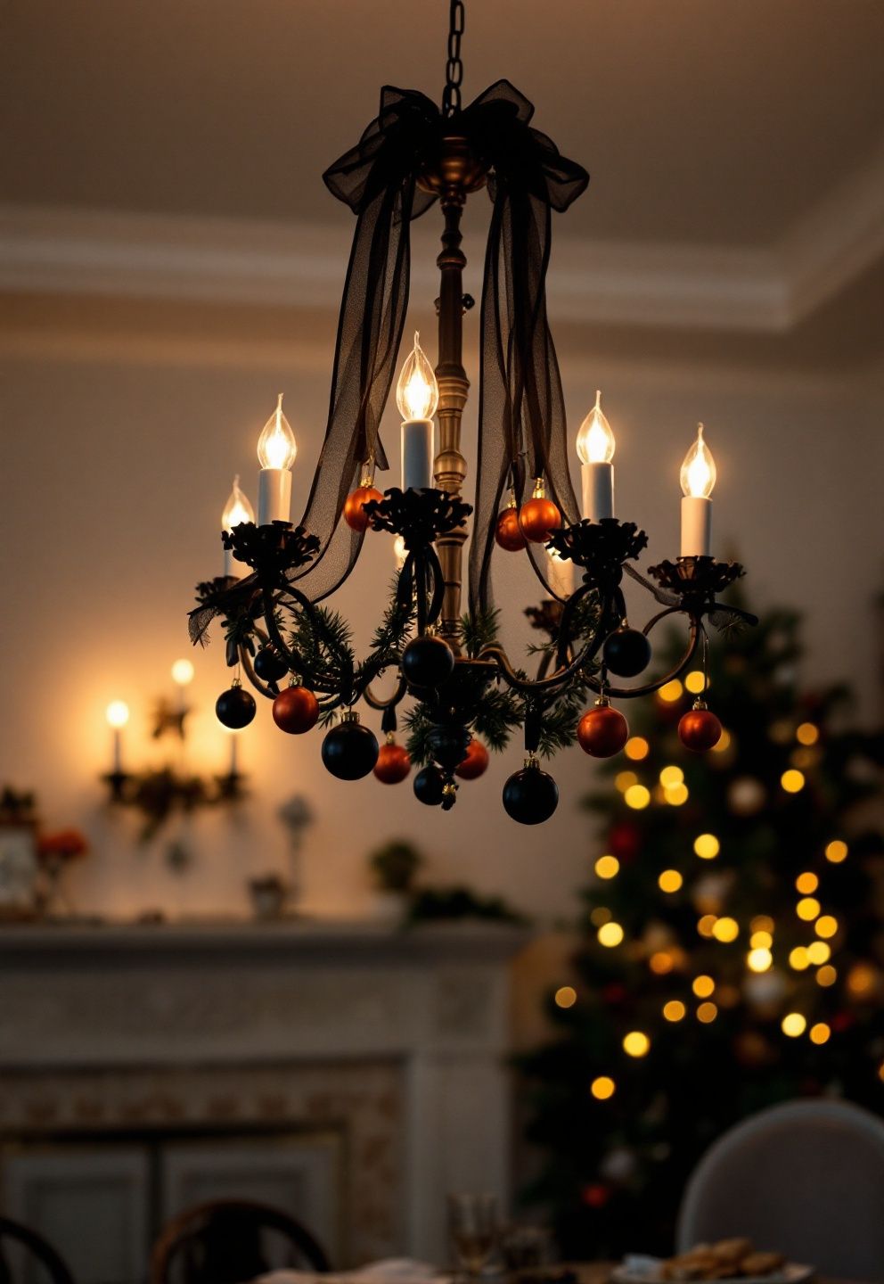 Halloween Baubles and Drape Added to an Existing Chandelier – seasonal — spring + other seasonal — spring + other decor · Halloween Table Decor: 13 Spooky Stylish Table Settings for an Unforgettable Night